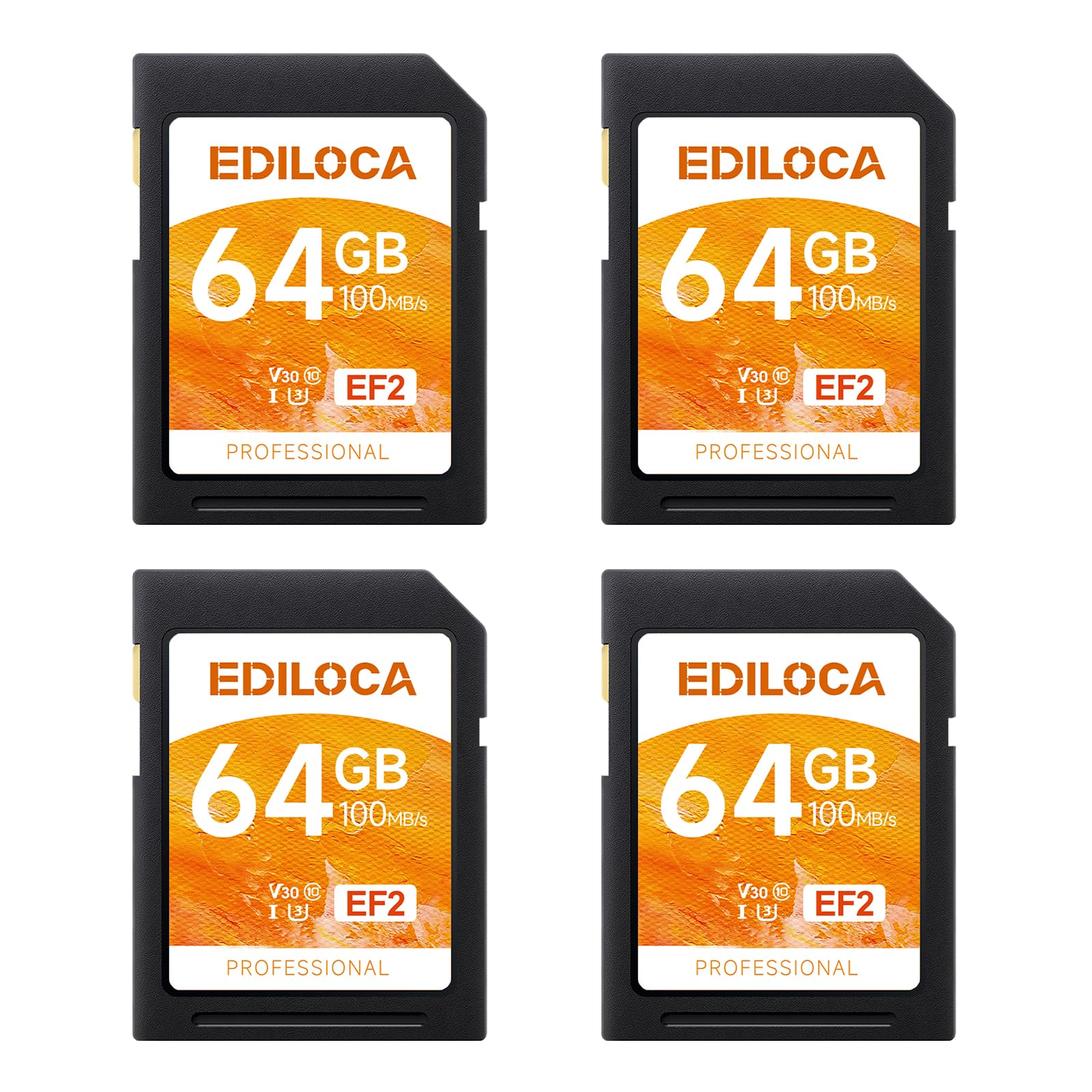 Ediloca EF2 UHS-I Speicherkarte 64GB 4er-Pack, Lesen 100MB/s, Schreiben 45MB/s, C10, U3, V30, Full-HD und 4K-Video, SD-Karte für professionelle Fotografen