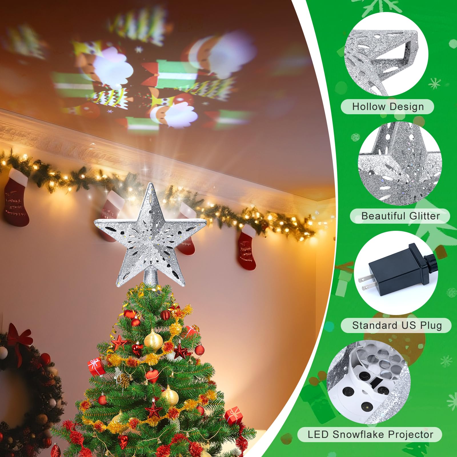 Étoile De Sapin De Noël Rotative Flocon De Neige Pailleté 3D