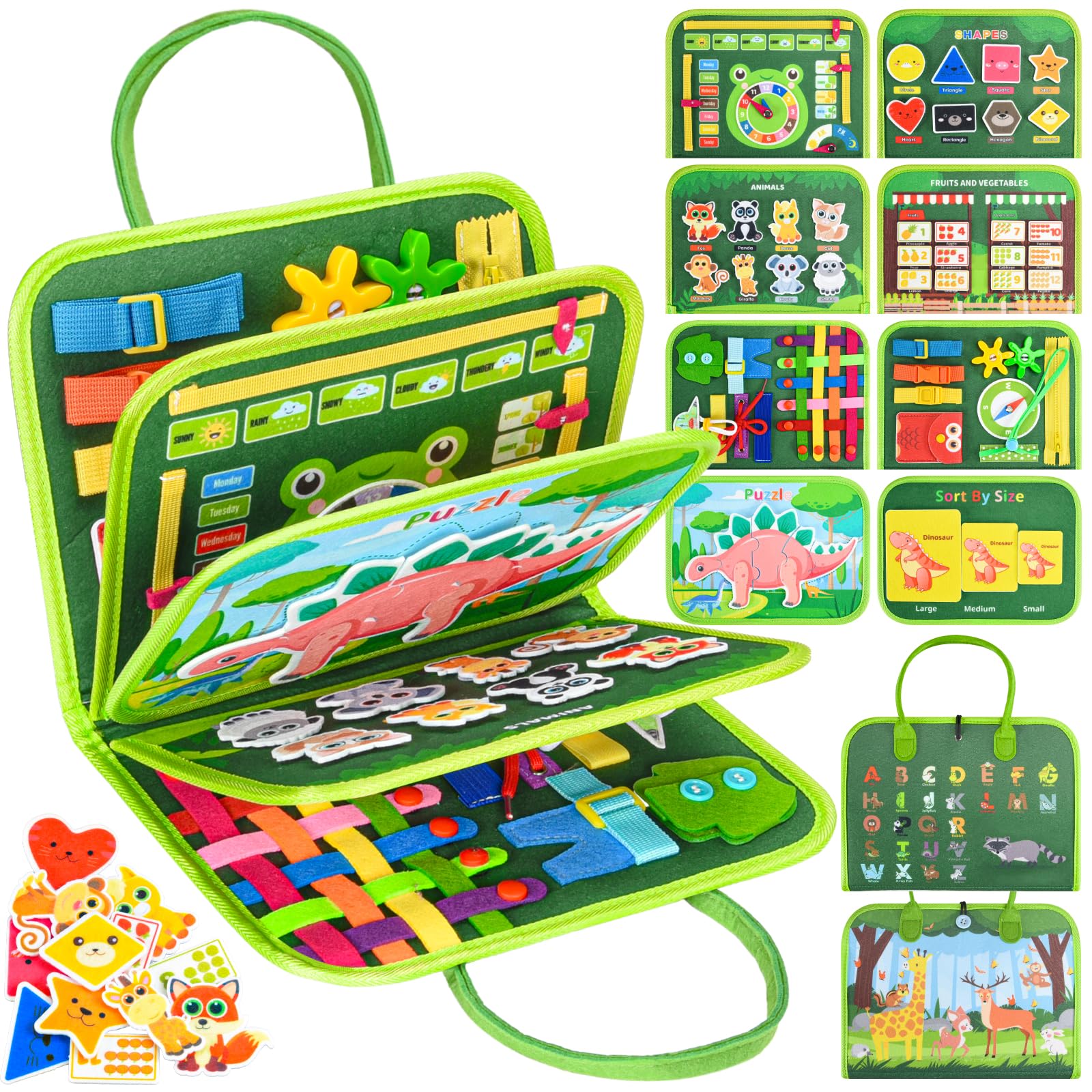 Busy Board Montessori Toys, Busy Books for Toddlers, Sensory Board Quiet Educational Activity Book for Toddlers, Toddler Travel Toys for Plane Car, Gifts for Boys Girls (Green)