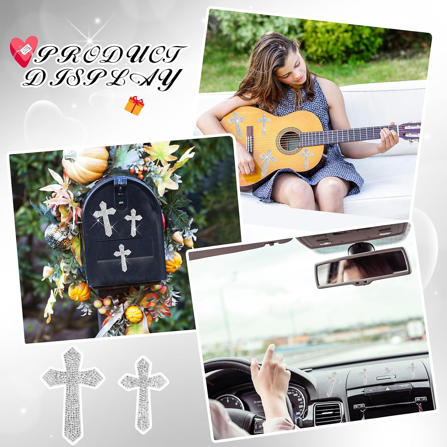 Frienda 8 Pieces Silver Bling Cross Car Decals Waterproof Rhinestone Stickers with Self-Adhesive Backing for Decor Bumper Window Laptops Luggage Car Interior Exterior Window Motorcycle Helmet