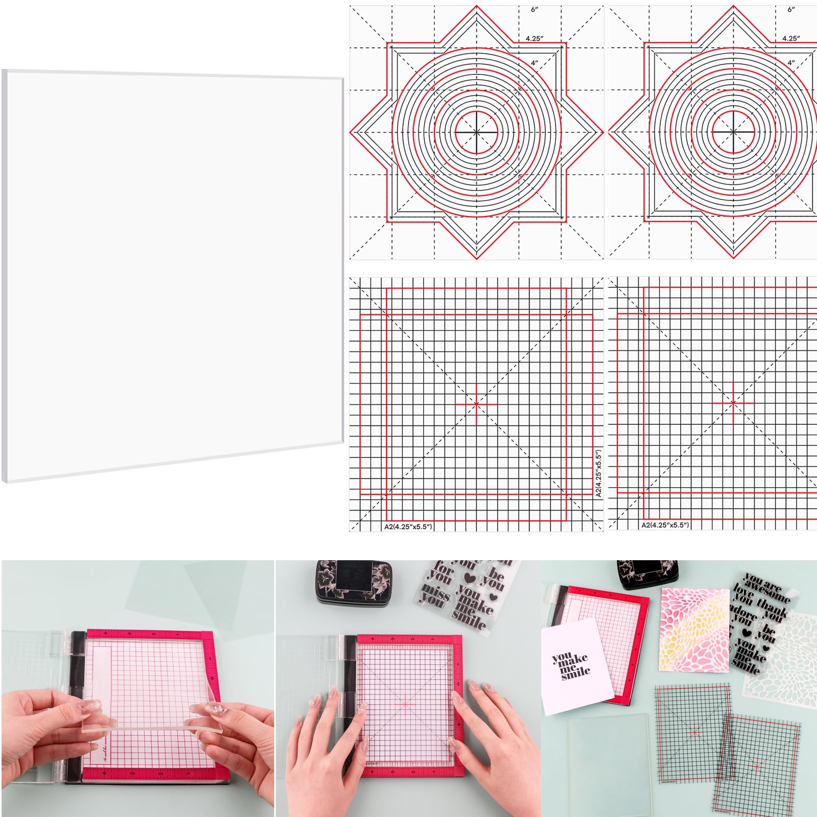 6 x 6 Zoll Photopolymer Griffmatte mit 4 Stück gedruckten Führungen zum Stanzen, Multifunktionale rutschfeste klebrige Matten passen in Stempel Positionierungswerkzeug für die Kartenherstellung