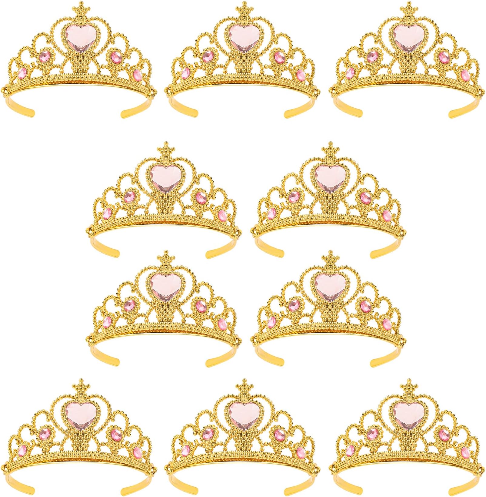 Princess Dress Up Crowns and Tiaras for Child from 3 Years Up Party Favors Pink Tiara Plastic Gold Tiara(10 Pack) (Heart Pink)