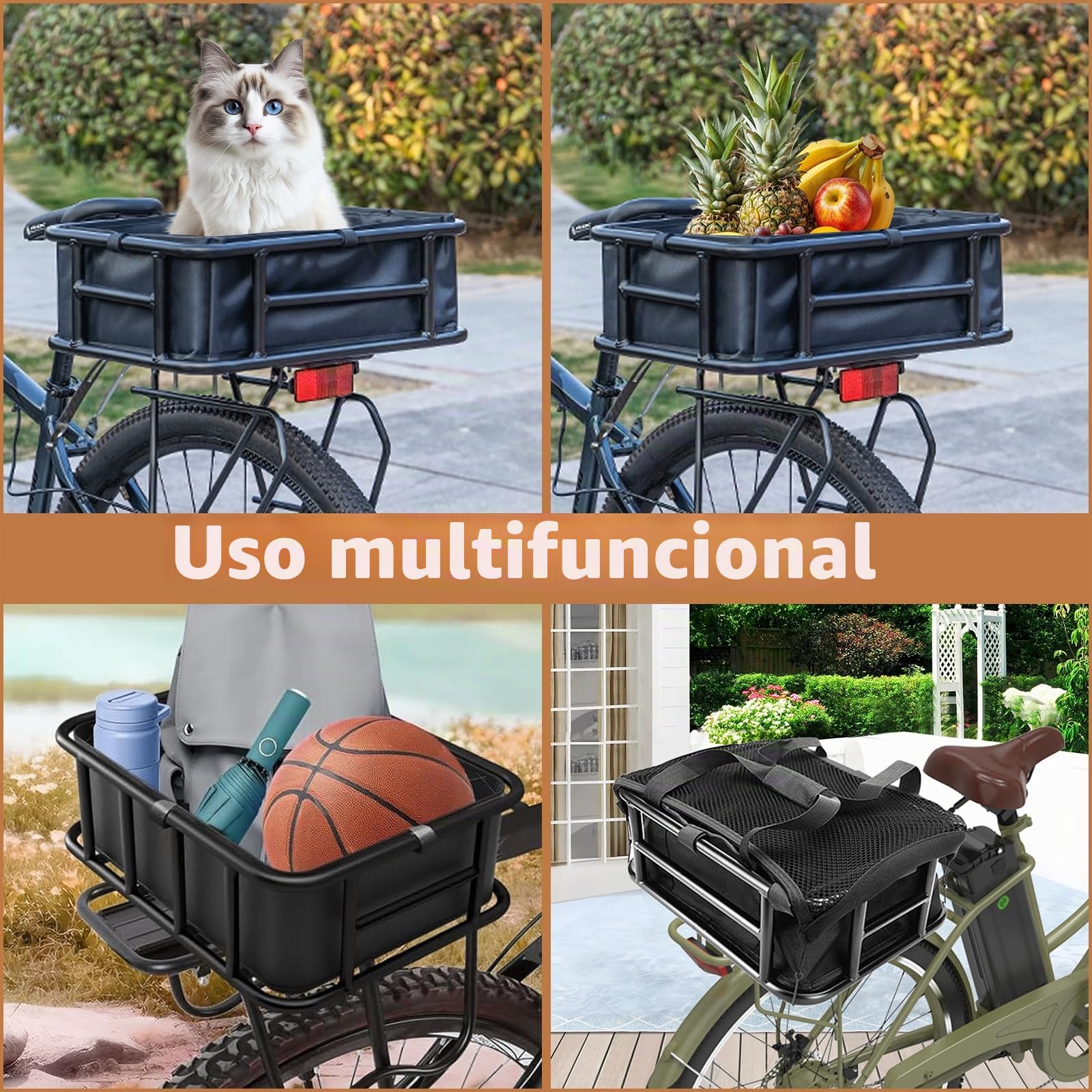 Cesta trasera para bicicleta, cesta impermeable con forro y red de carga, cestas grandes y resistentes para la mayoría de bicicletas