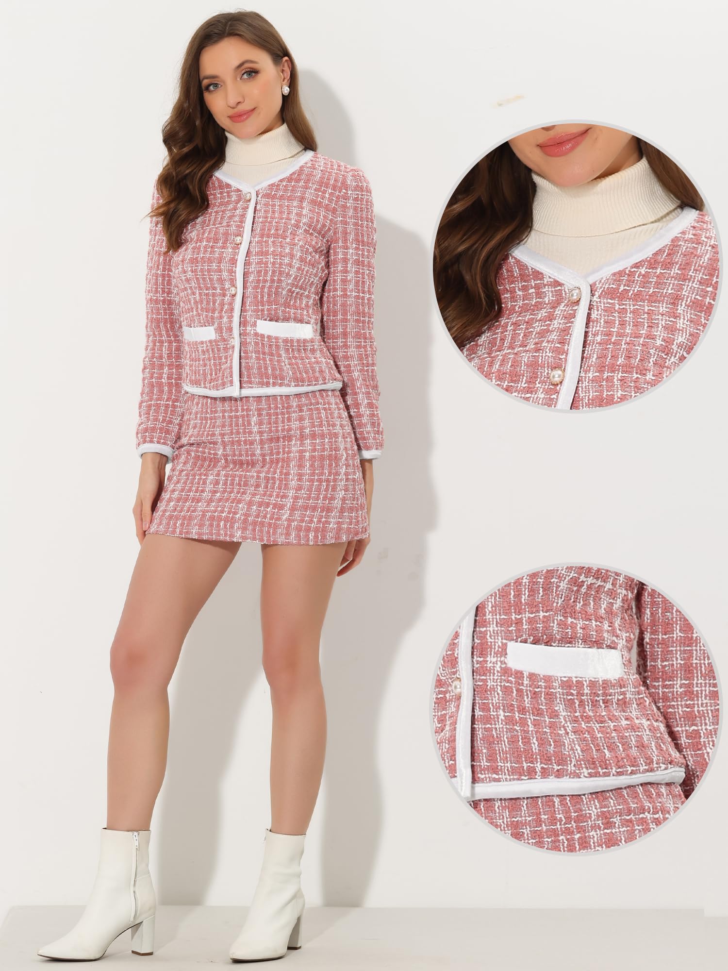 Allegra K Damen Business Anzug Set Zweiteilige Outfits Kariert Tweed Kurzblazer Jacke und Rock Set