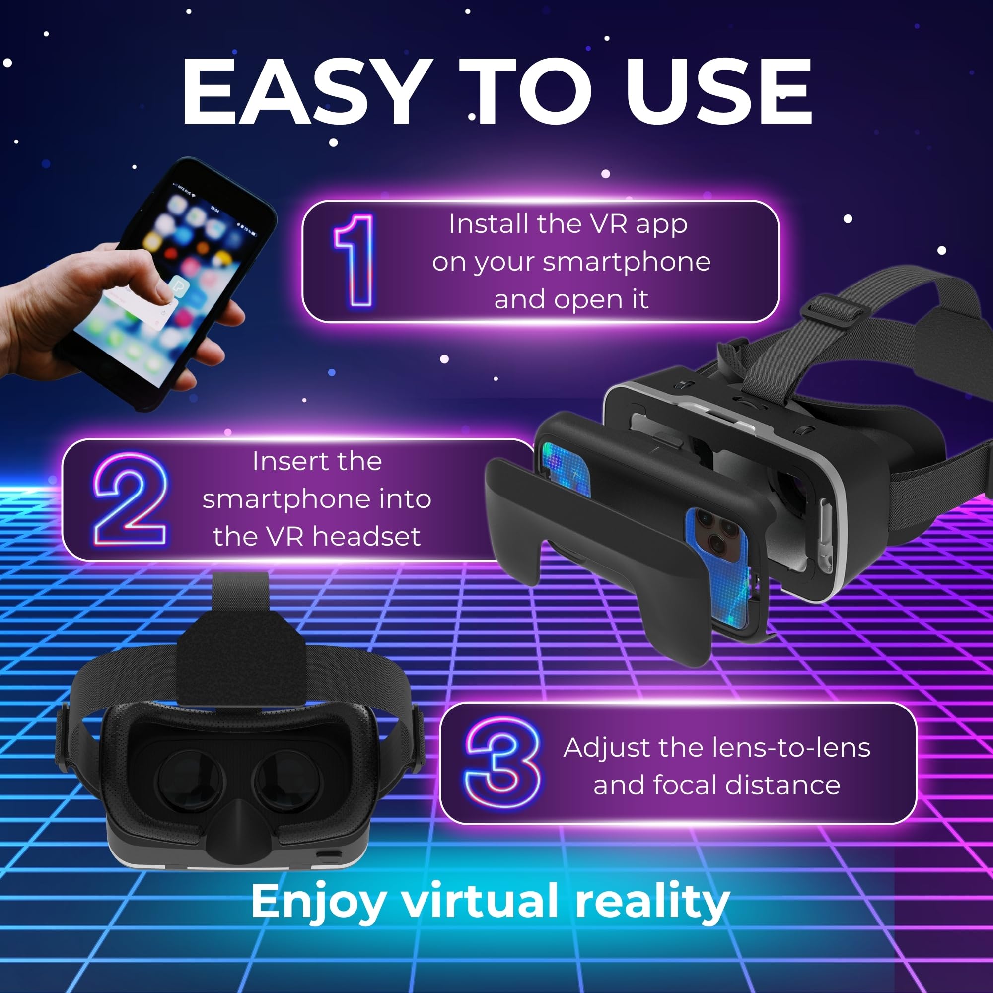MIRU Visore Realtà Virtuale VMR700J, Occhiali 3D per Giochi e Video con Compatibilità Android e IOS, Visore VR telefono 4.7''-7'', Distanza Focale 37.5-46.5 mm, Cinghie Regolabili + Controller