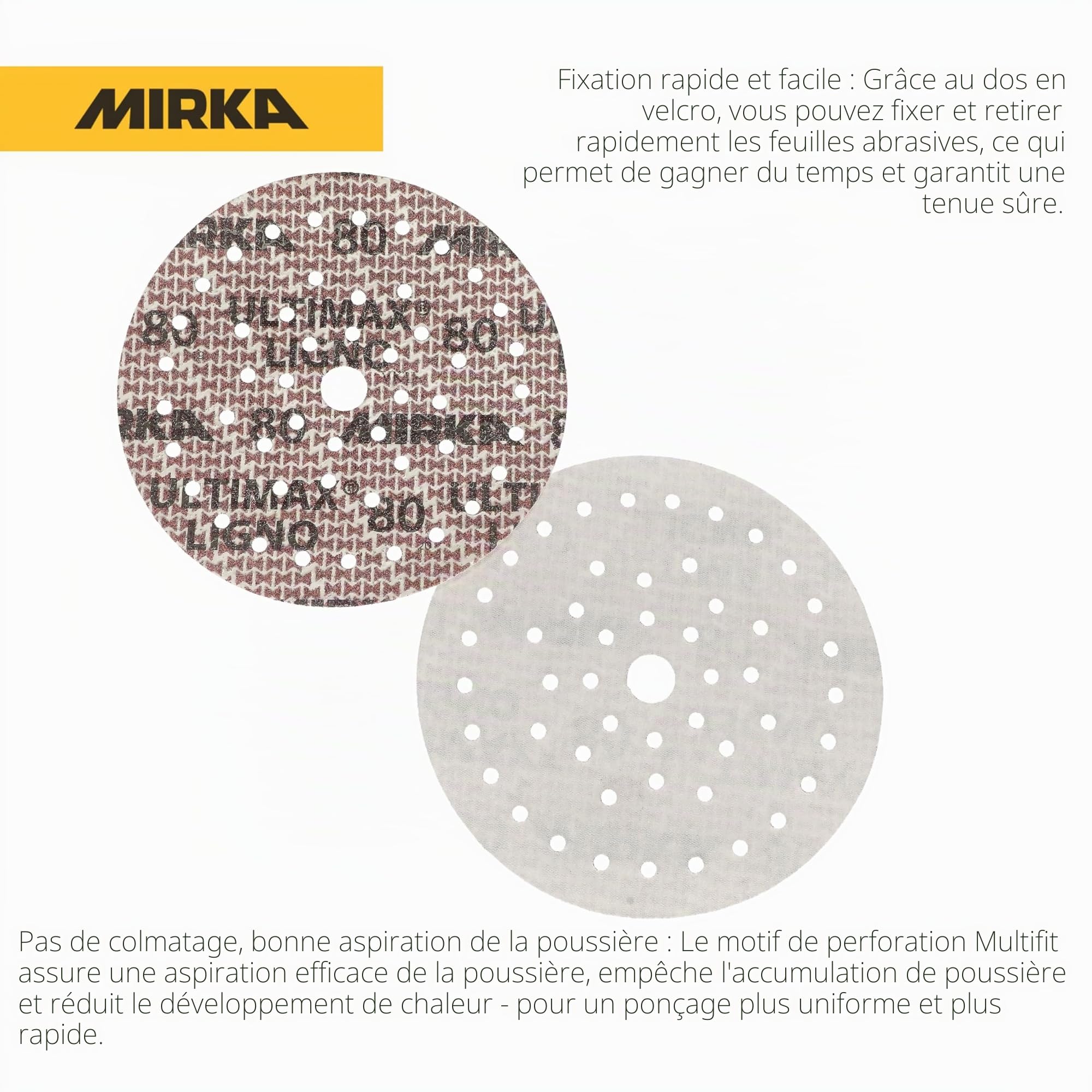 Mirka disque abrasif auto-agrippant Ultimax Ligno Ø 150 mm grain 80 | Disques abrasifs auto-agrippants Multifit 150 mm grain 80 pour ponçage bois surfaces multiples usage professionnel