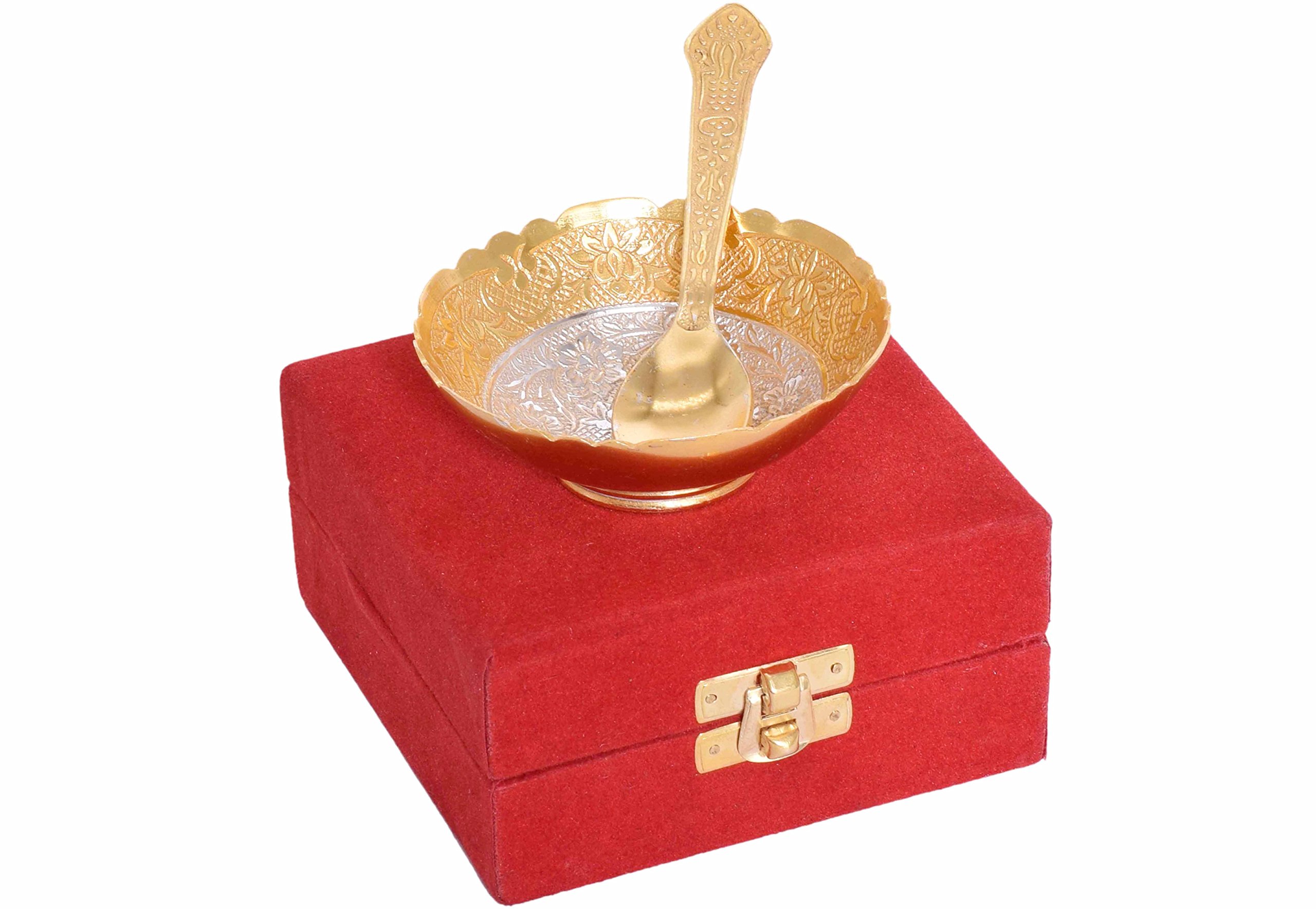 Piepot | German Silver Bowl Set Of 2 | 3.75" Bowl With Spoon And Red Velvet Box (Silver-Gold Traditional), 80 Ml (B09P8RK56V) Amazon Price History, Amazon Price Tracker