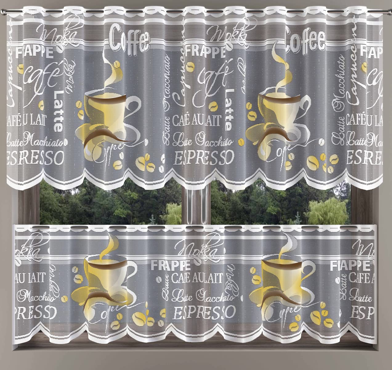 MforStyle Kitchen cafe net curtain COFFEE - WITH COLOURS - Window Decoration - READY TO HANG - HEMMED EDGES - MANY SIZES - (selected curtain: 1 Metre Width, DROP: 28" (70cm) - COLOR)