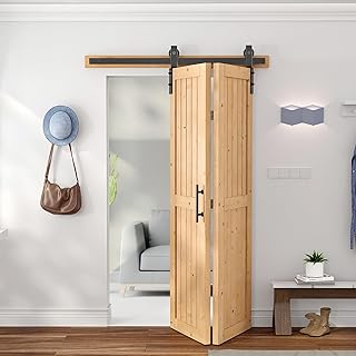 48"x84" Bi fold Barn Door with 52" Bifold Barn Door Hardware Kit for 2 Doors, No-Assembly Solid Spruce Wood Folding Doors, and Double Sided Handle Pulls Included
