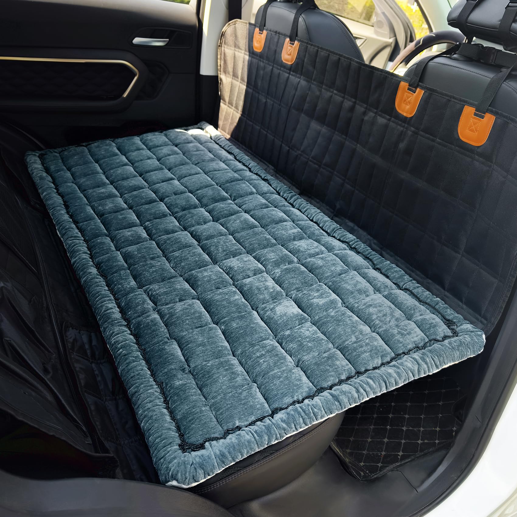 AEEISHOMEREFORM Dog Car Seat Cover for Back Seat – Soft Fluffy Pet Bed Mat, Non-Slip Thick Dog Car Bed for Travel, Back Seat Cover for Dogs, Sofa & Floor (Blue, 63x137 cm)
