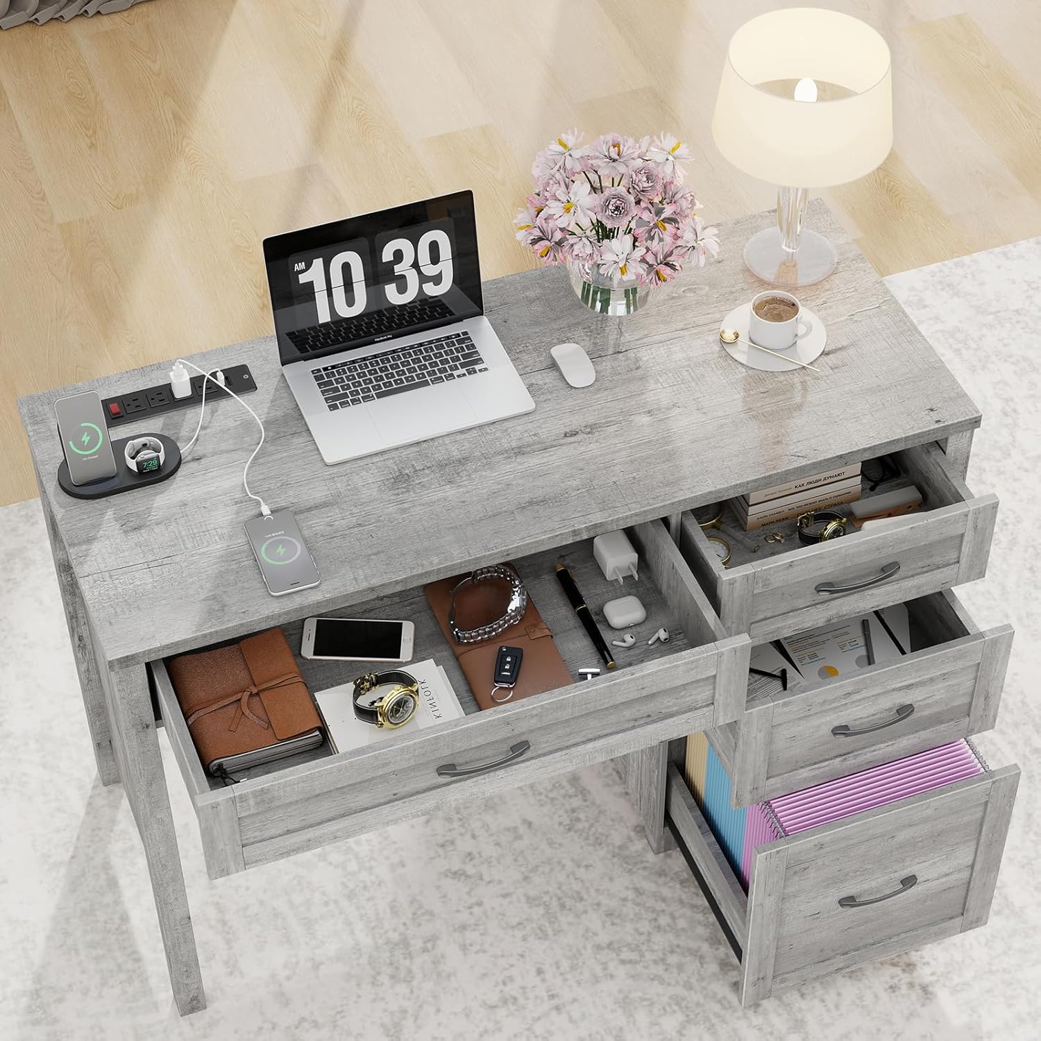 Farmhouse 47" Executive Desk with File and Storage Cabinet,Wood Home Office Computer Desk with Charging Station,for Work Study Writing，Grey.