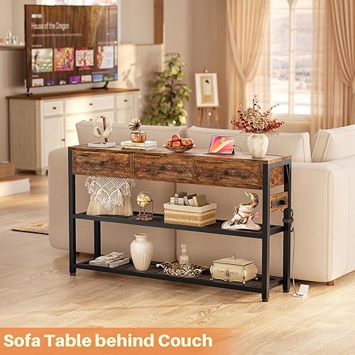 Miniatura 7 de Ecoprsio Mesa de entrada de 47 pulgadas con salidas y puertos USB, mesa consola con 3 cajones, mesa de sofá estrecha larga con estantes de Marrón