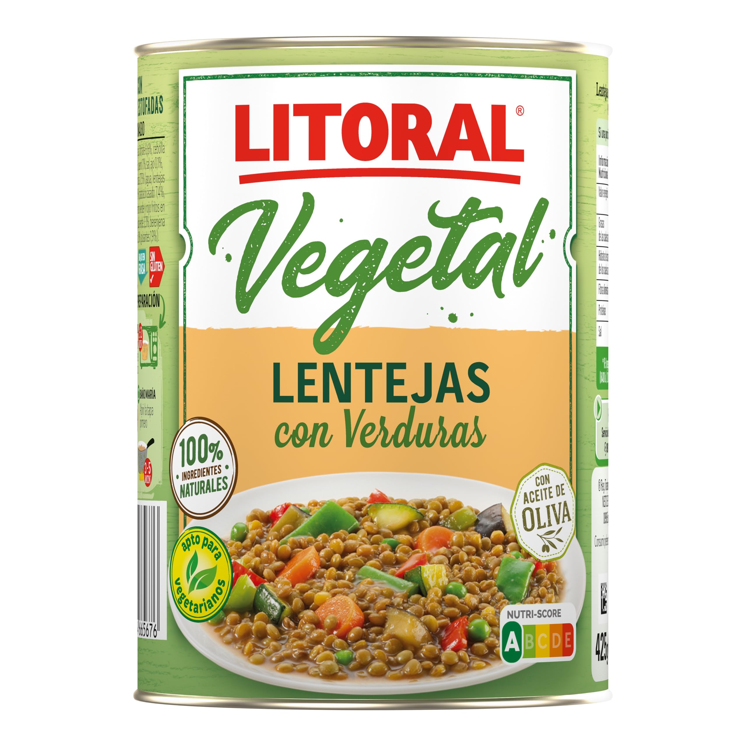 LITORAL Vegetal Lentejas con Verduras - Plato Preparado Sin Gluten - Paquete de 10x425g - Total: 4.250kg