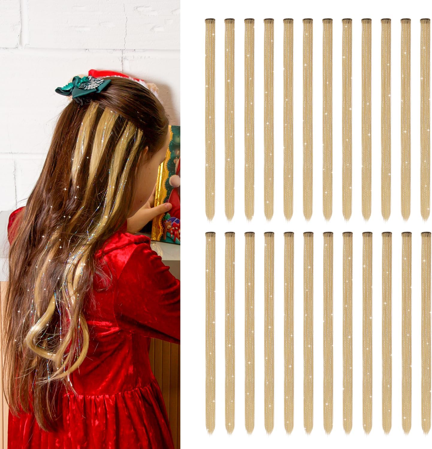 Dreamlover Tinsel Hair Extensions, Sparkly Hair Accessories for Girls, Honey Blonde, 24 Pieces
