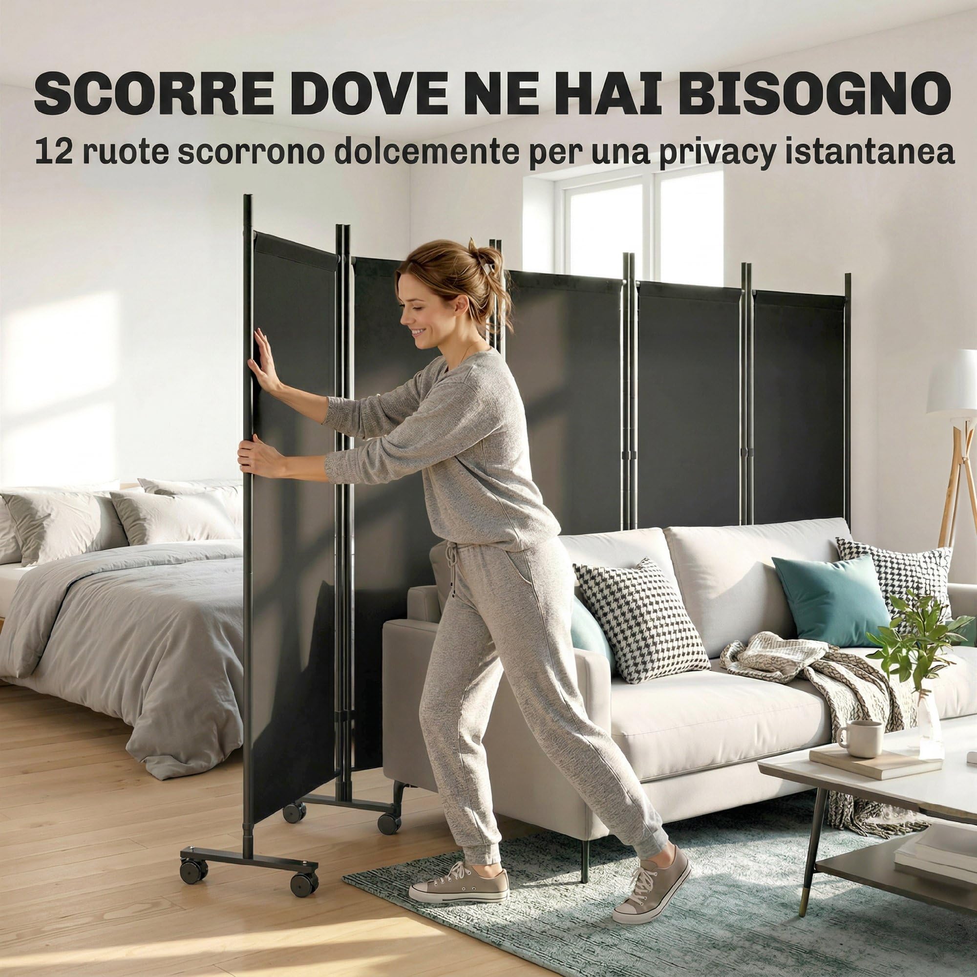 Outsunny Paravento da Interno a 5 Pannelli Pieghevole, 252x40x170 cm Separe Divisorio Interno in Acciaio con 12 Ruote, Divisorio per Ambienti Autoportante per Casa, Soggiorno e Ufficio, Nero