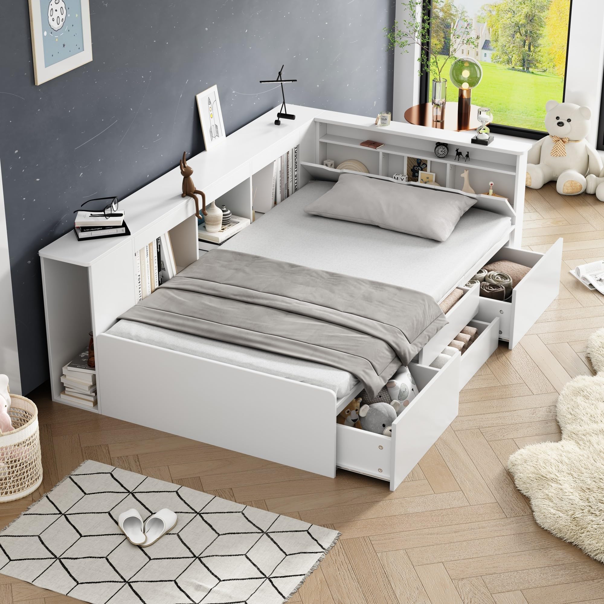 BTM Kids Bed 3ft-90x190cm, Single Bed with Drawers, Bookcase and Storage Cupboard, Mid Sleeper Bed for Kids, No Mattress