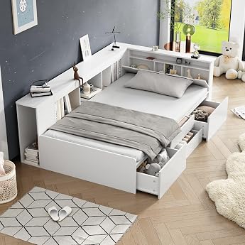 LATICO Einzelbett 90x200 cm Kinderbett Jugendbett Bett mit Stauraum Schubladen & Ablagefach & B cherregal Kopfteil mit Stauraum Holzbett Bettgestell Bettkasten Flachbett Ohne Matratze Wei