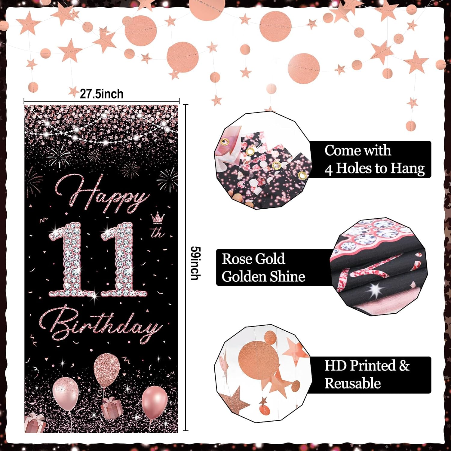 Rose Gold Happy 11th Birthday Decorations - Banner, Backdrop, Balloons, Pompoms, Star Streamers - Image 4