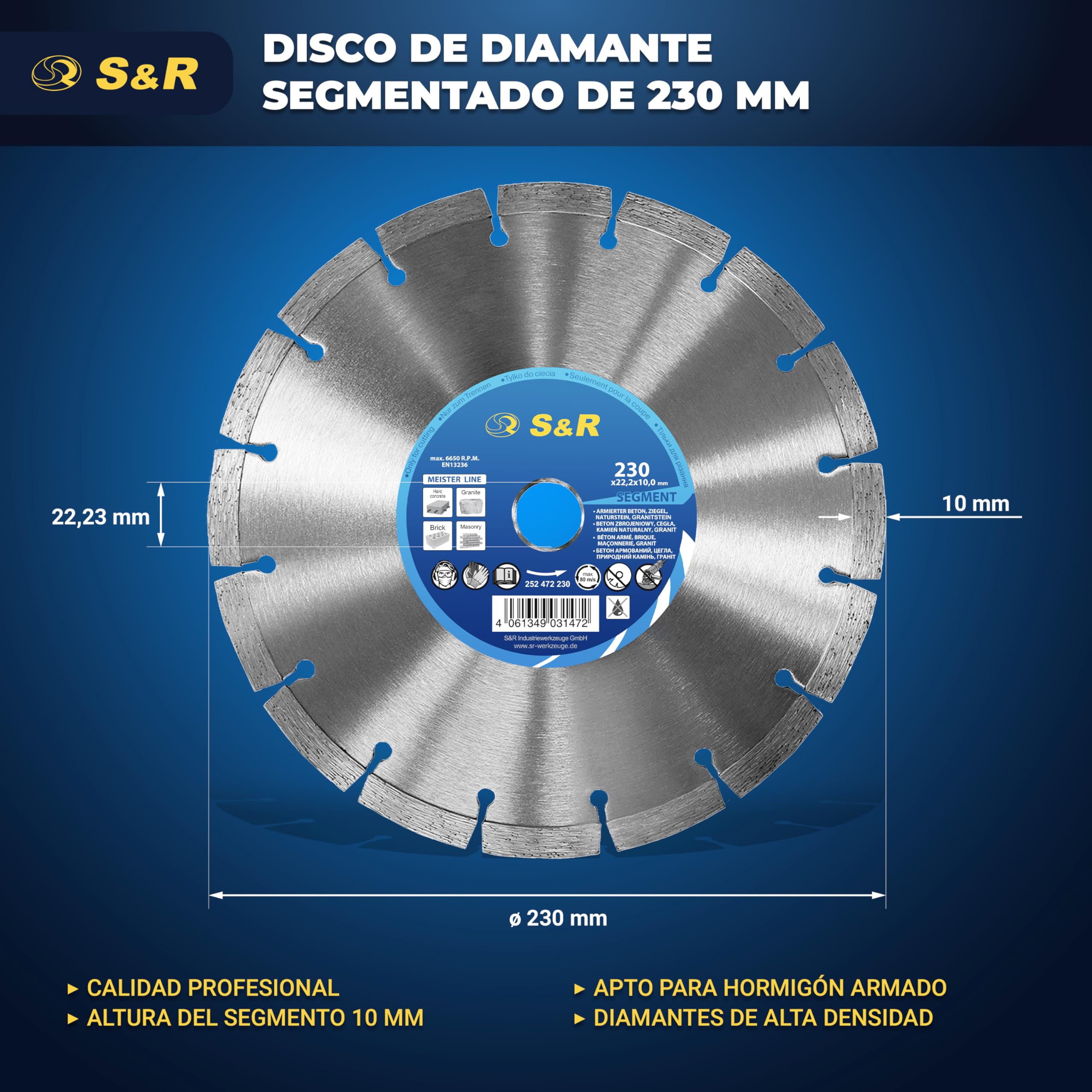 S&R Disco corte de Diamante 230 x 22,2 x 10 2,6 mm para Hormigón, Hormigón armado, Granito, Piedra natural, Ladrillo