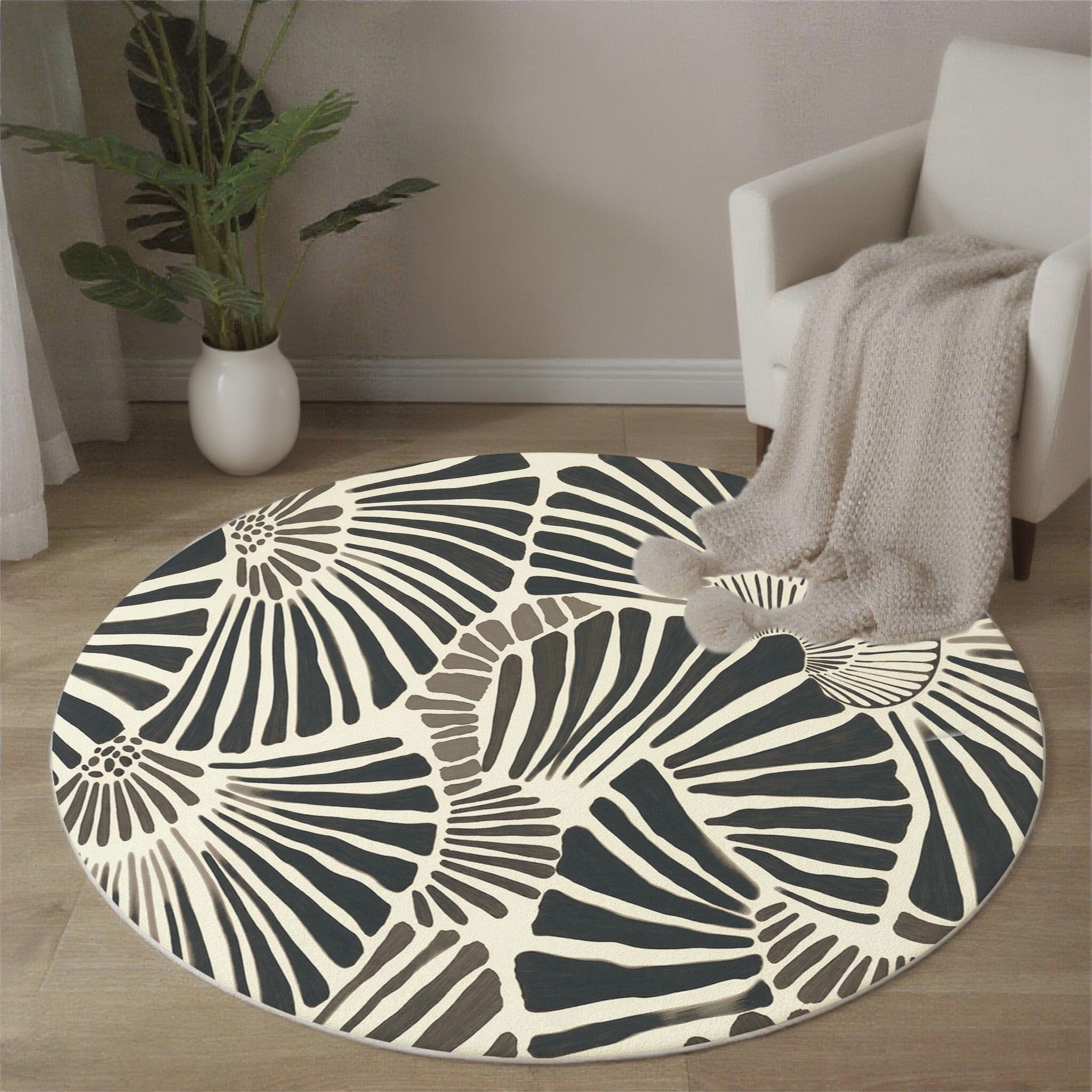 Tapis rond lignes abstraites beige noir géométrie rétro 120 cm décoration intérieur