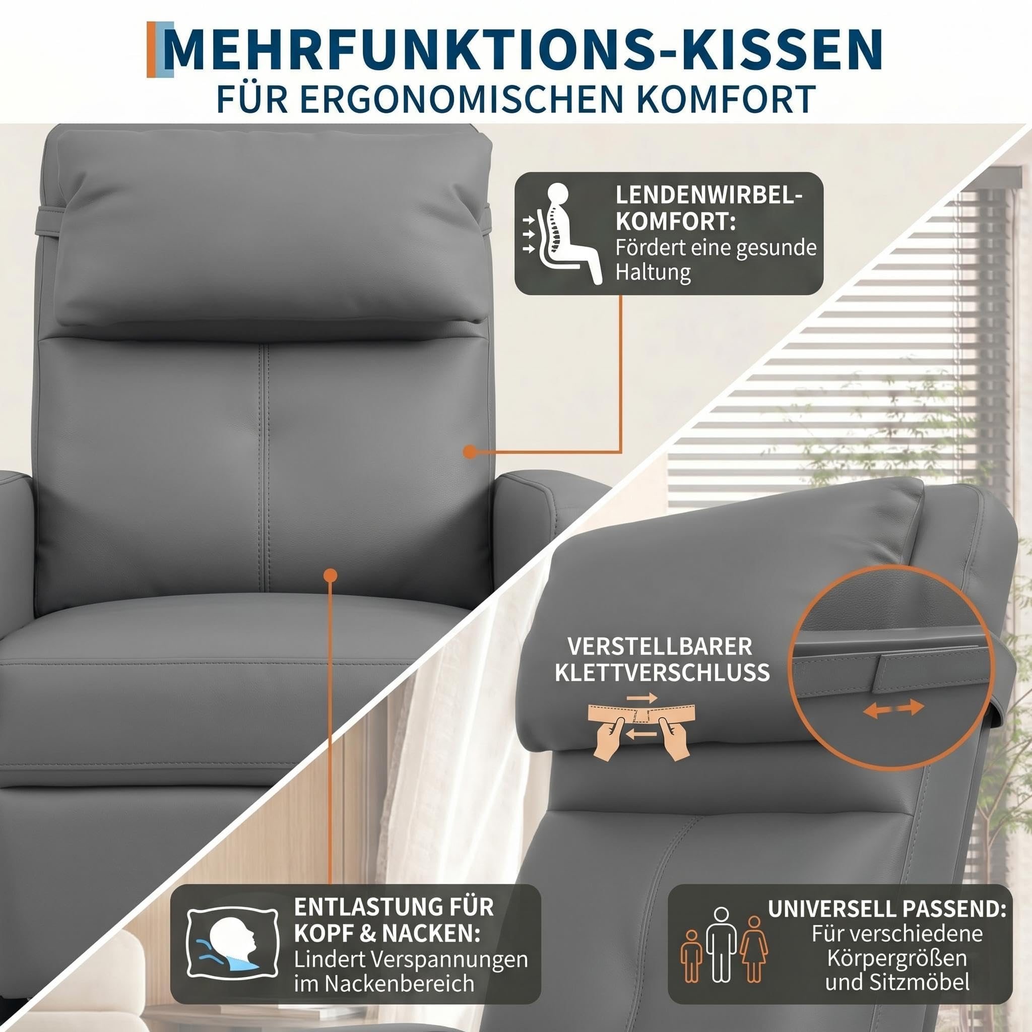 Massagesessel Elektrisch mit 8 Massagemodi, Relaxsessel mit Liegefunktion & Heizfunktion, Fernsehsessel mit Lendenstütze, USB-Anschluss & Seitentasche, Sessel für Wohnzimmer, belastbar bis 180 kg