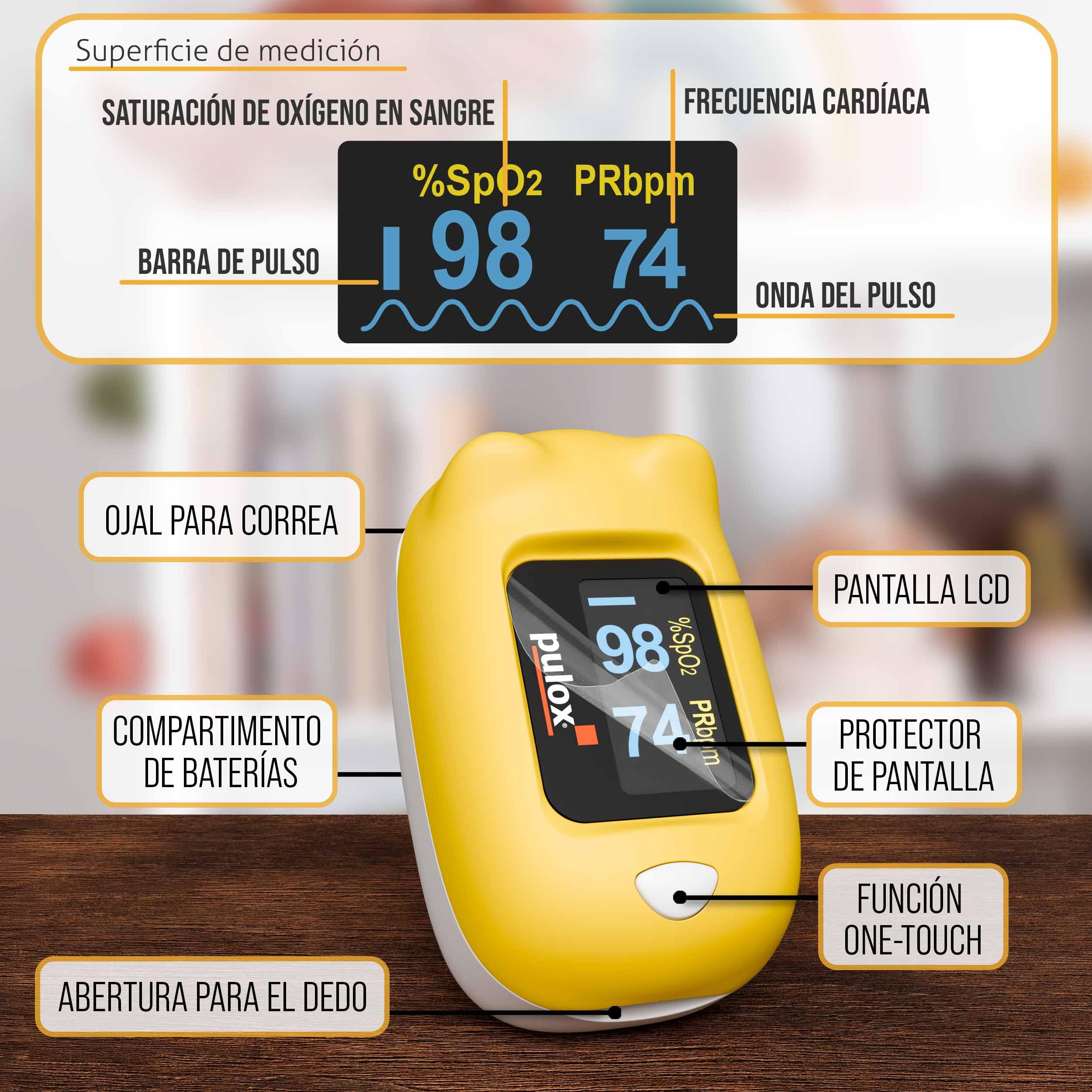 Pulox PO-230 Pulsioxímetro para niños - En amarillo con pegatinas - Medición de la saturación de oxígeno y la frecuencia cardíaca