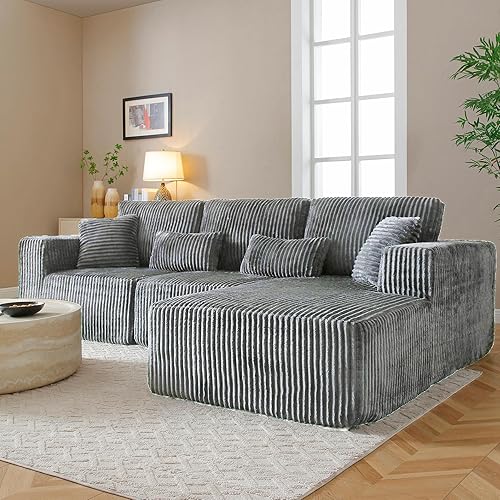 HYJT-H&K Modular Sectional Sofa Cloud Sectional Couch, 107" Comfy Fluffy L Shaped Dark Grey Couches for Living Room, Deep Seat Memory Foam Plush Corduroy Boneless Couch Sectionals Right Facing Chaise