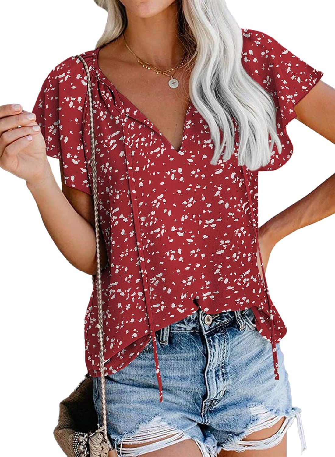 SimpleFun Women's Boho Tops Floral V Neck Short Sleeve Summer Blouse Shirts