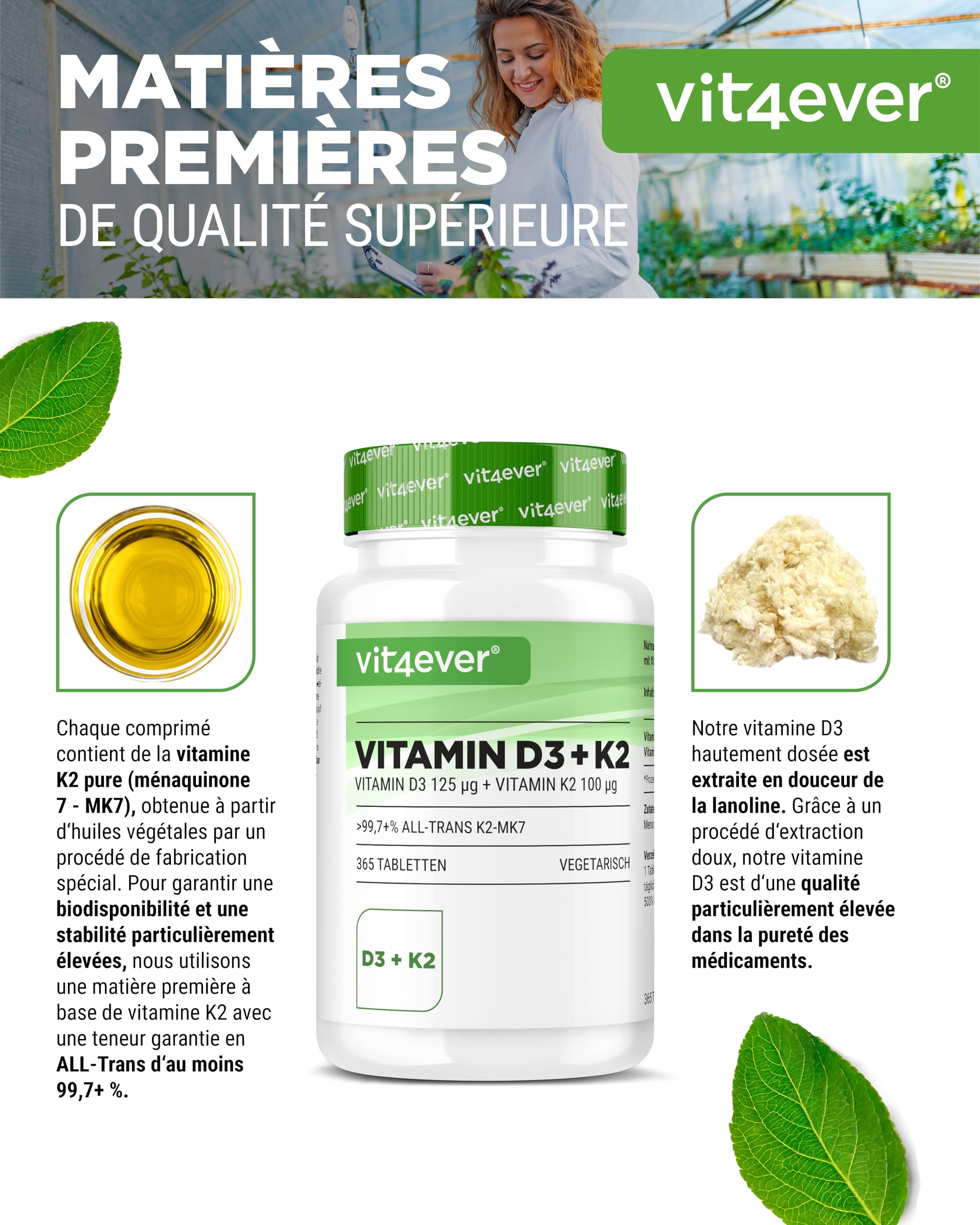 Vitamine D3 + K2 Depot - 365 comprimés - Matière première de première qualité : 99,7+% All-Trans (K2VITAL® de Kappa) - Avec 5000 U.I. de vitamine D3 par comprimé - Hautement dosé | 100 µg de vitamine K2 MK7, en lanoline, végétarienne, sans additifs inutil