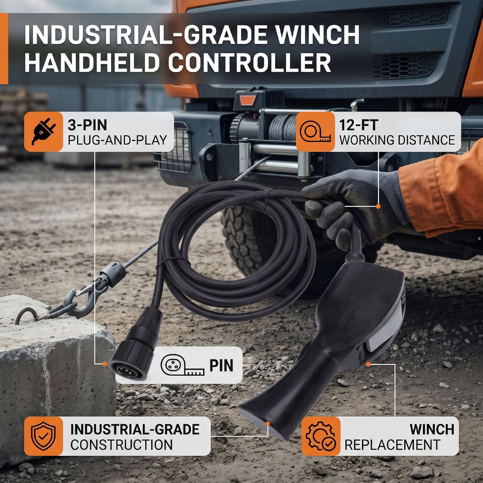 Télécommande de Treuil Industriel Portative Filaire pour Travailleurs de Remorquage et Construction Remplacement Exact pour Séries Warn 9 12 15 18 Ccs Câble Connexion