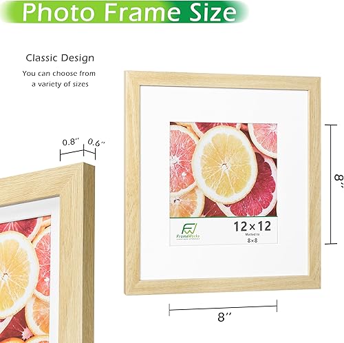 Miniatura 2 de FrameWorks Marco de fotos clásico de madera de 12 x 12 a 8 x 8 pulgadas, vidrio templadoroble natural, paquete de 2 unidades