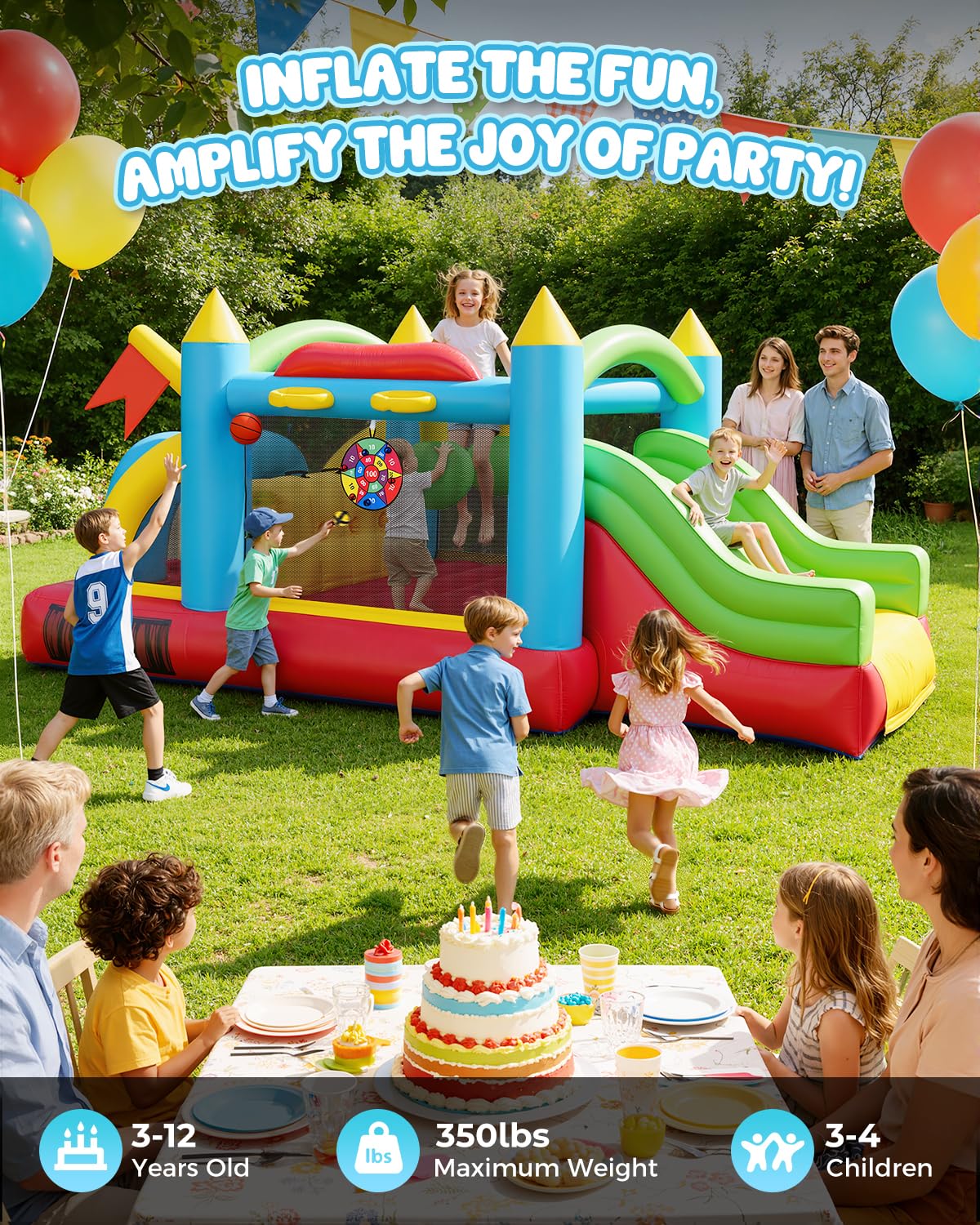 AKEYDIY Château gonflable pour enfants, parcours d’obstacles gonflable de 4,7 x 2,7 m avec zone de saut, doubles toboggans, tunnels, murs d’escalade, paniers de basket, cibles, château gonflable pour
