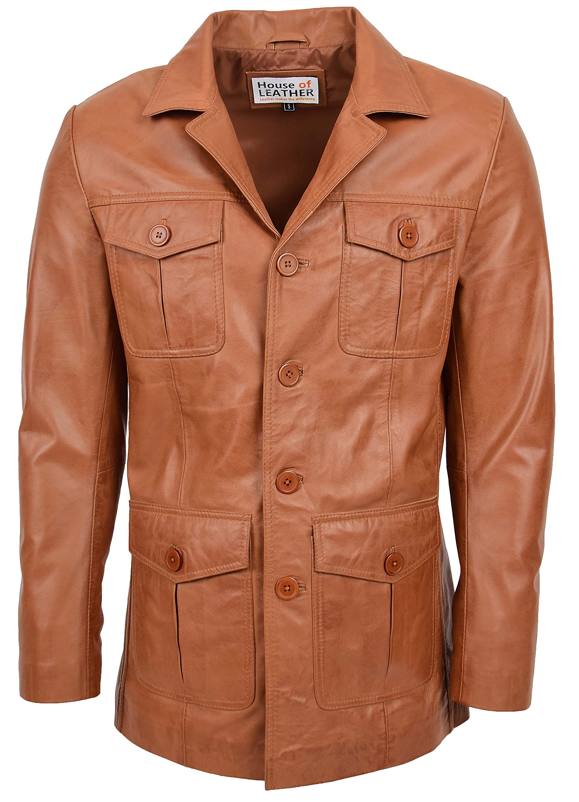 Mens Leather Reefer Jacket Classic Button Fastening Blazer Style Jerry (XL, Tan)