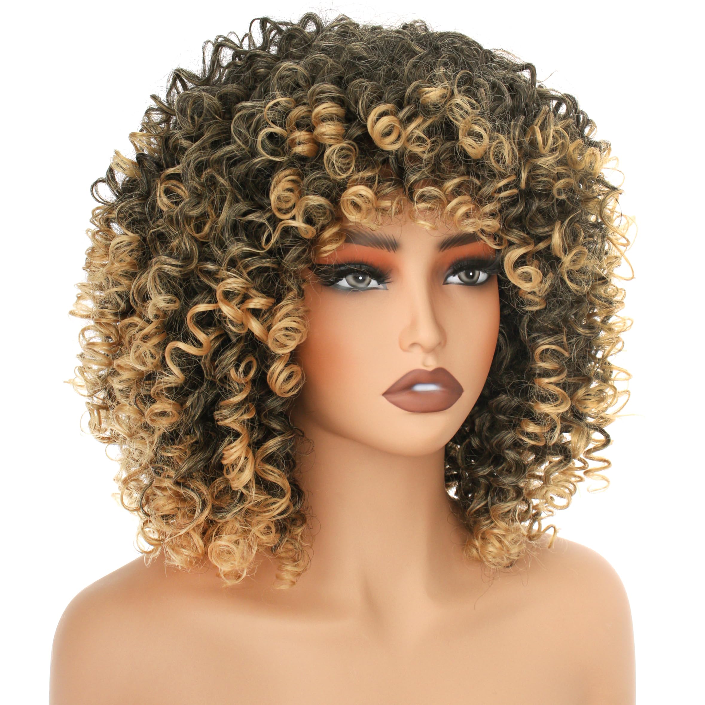 PORSMEER Parrucca afro riccia Ombre biondo capelli sintetici naturali con frangia per le donne lunghezza delle spalle Afro Kinky Curly Bob Wig Volume per donne nere,14 pollici nero mix biondo