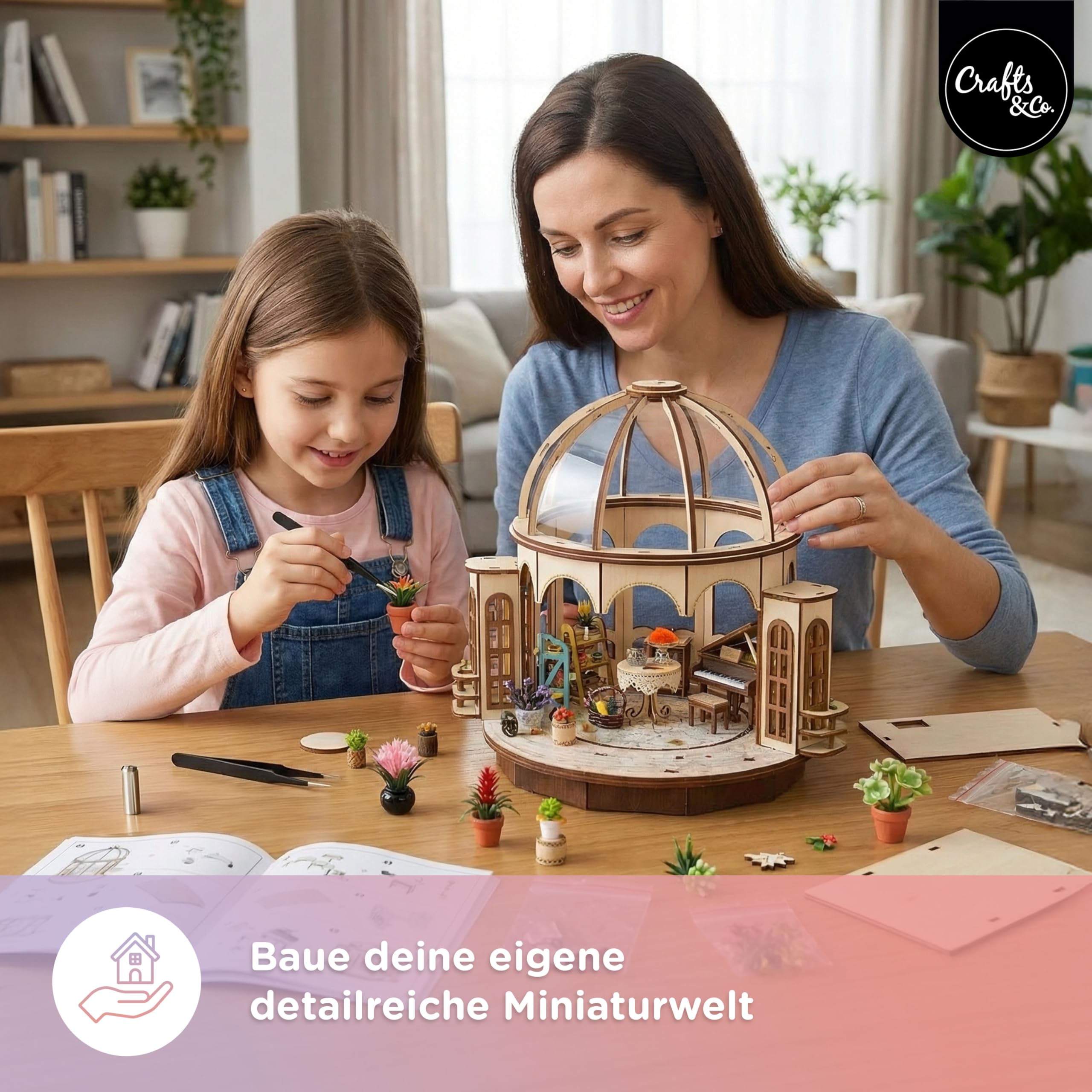 Crafts&Co® Miniatur | DIY Miniaturhaus mit LED Beleuchtung | 405 Teile Miniatur | 3D Modellbausatz & Bastelset mit Zubehör, Werkzeug | Detailreiches Gartenhaus | 25.5x21.5x24.5 cm
