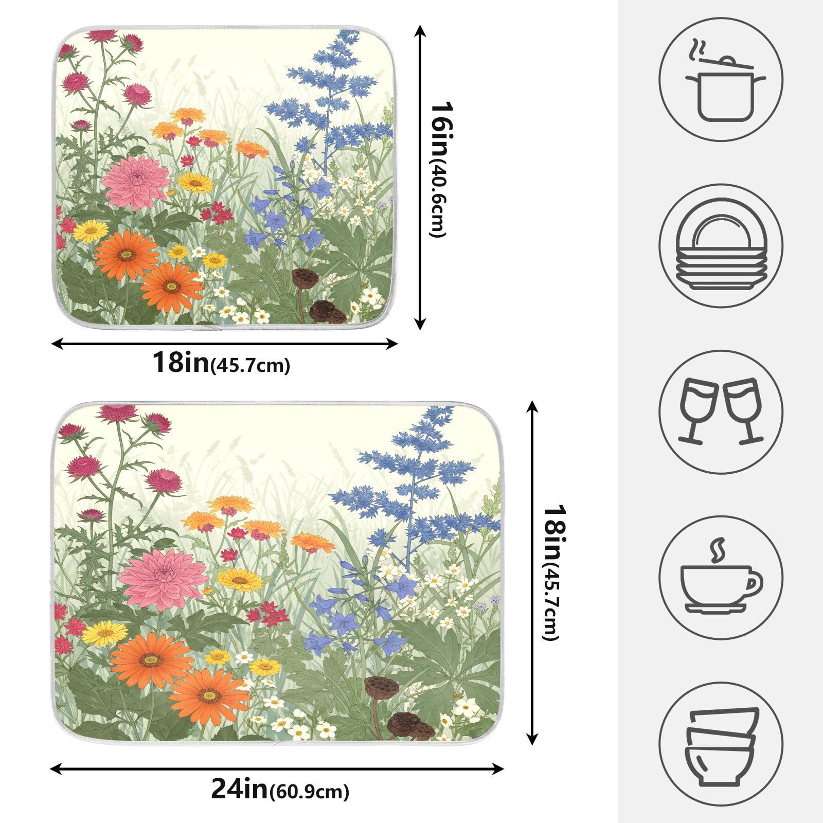 Spring Wild Flowers Floral3 Abtropfmatte für Küchentheke, saugfähige Mikrofaser, kleine Abtropfmatte, Geschirrmatten für Küchenarbeitsplatten, 40,6 x 45,7 cm