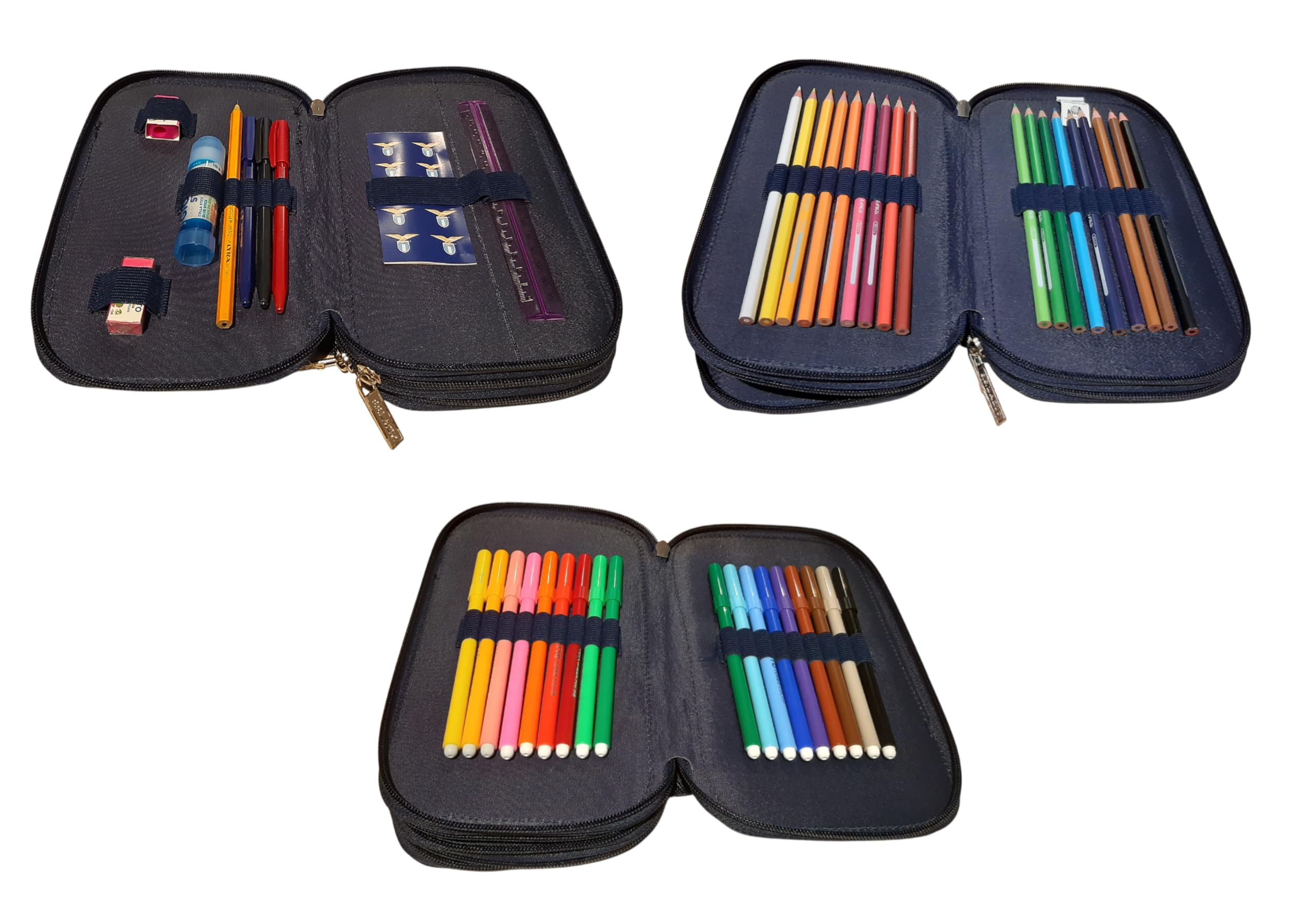 PRESTIGE & DELUXE Trolley zaino scuola Lazio Blu Triplo scomparto + astuccio 3 piani zip completo di cancelleria + 7 penne cancellabili e portachiave calcio