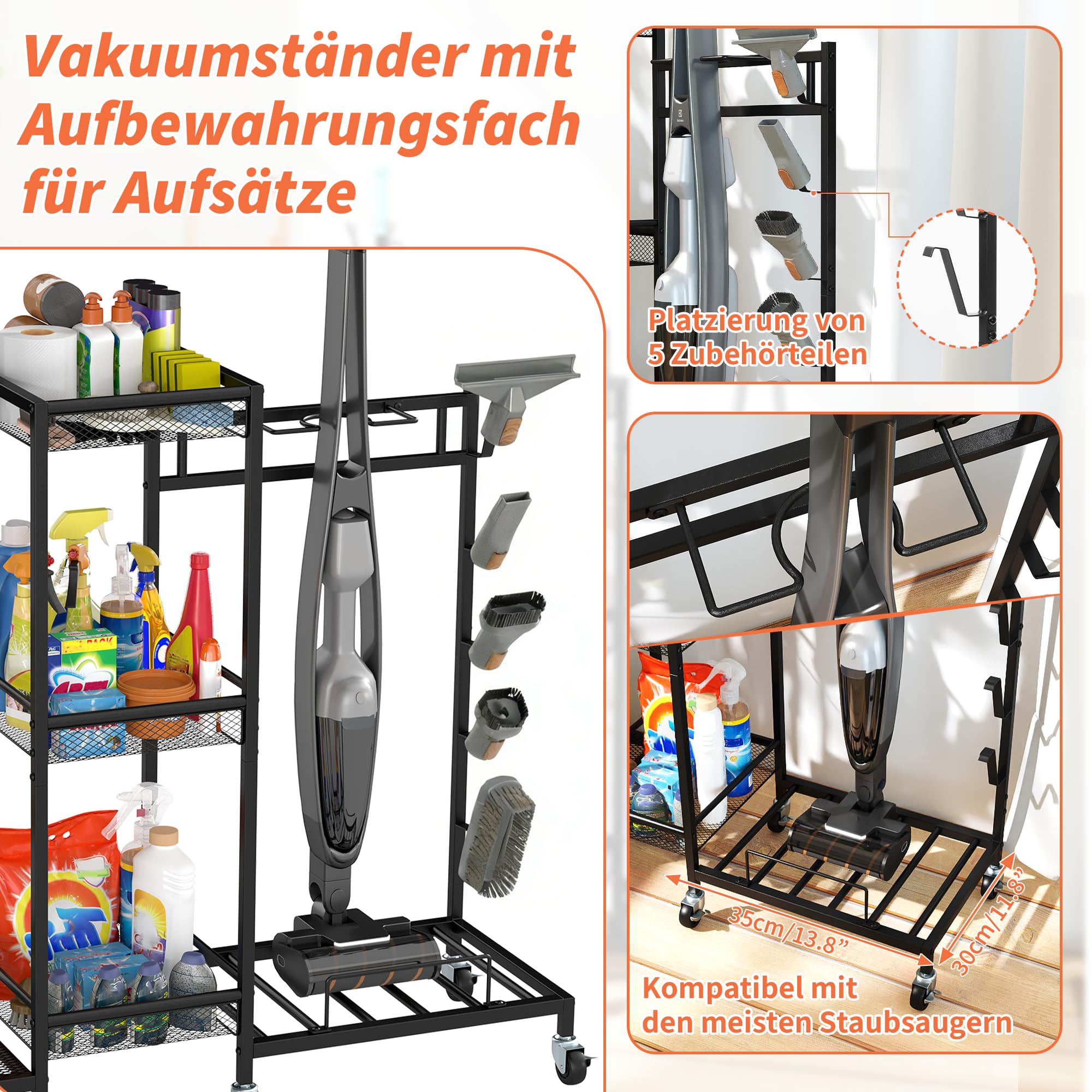ohbien Mobiler Reinigungswagen mit Staubsaugerständer Mopphalter Besenhalter 85 × 101 × 30 cm