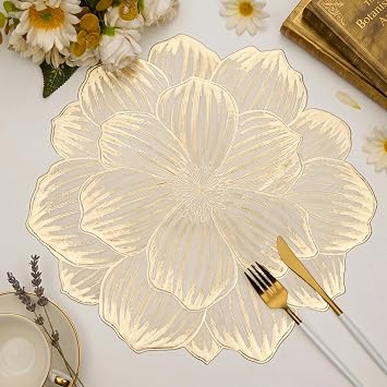 Gold Floral Placemats Set of 6 Round Vinyl Placemat Bulk 15 inch Table Mats Non Slip for Indoor Outdoor Holiday Wedding Dinner