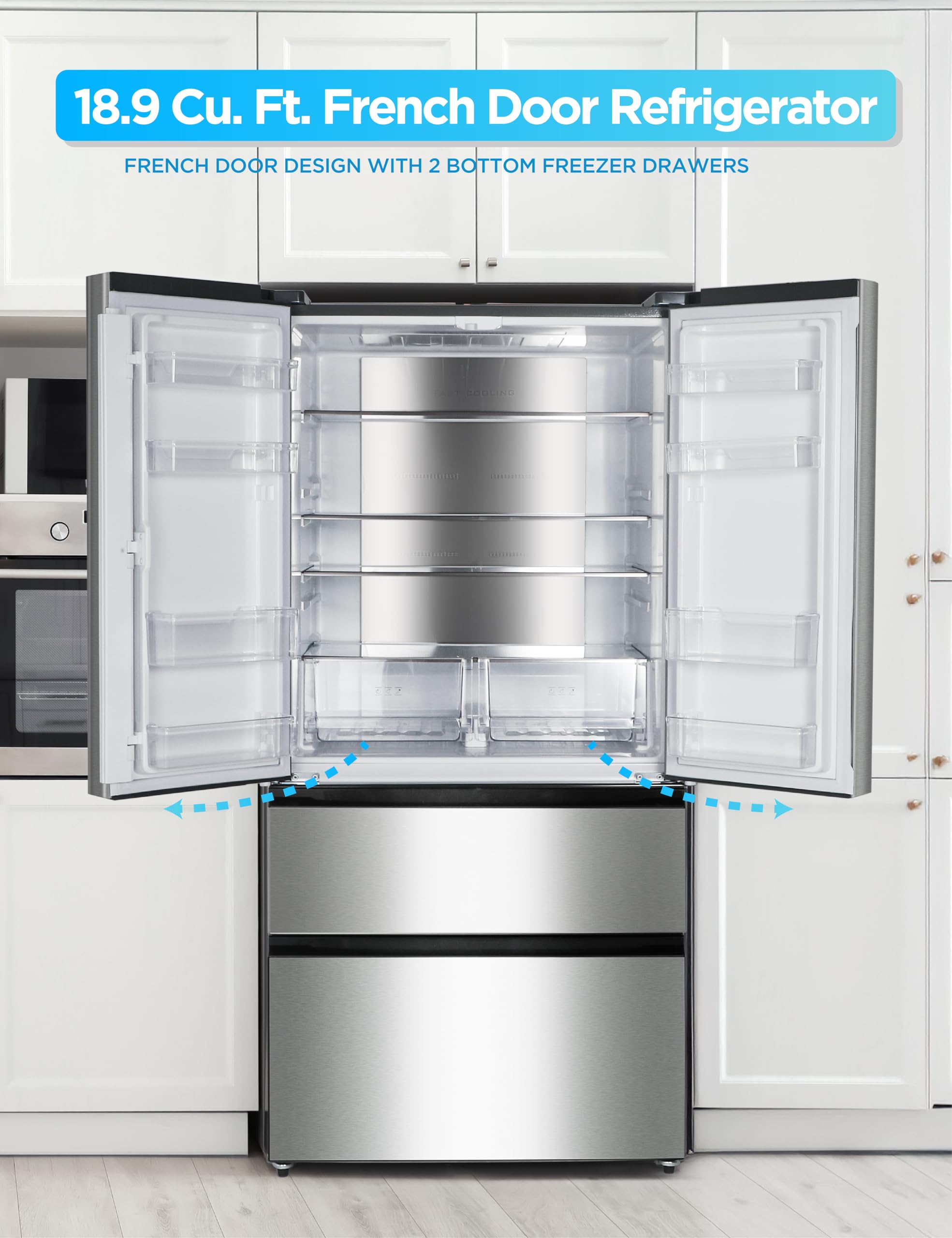 Commercial Cool 18.9 Cu. Ft. French Door Refrigerator, 33 Inch Wide Refrigerator With 2 Bottom Mount Freezer Drawers, Frost Free, LED Lighting, Digita - View 2 | Fridge.com