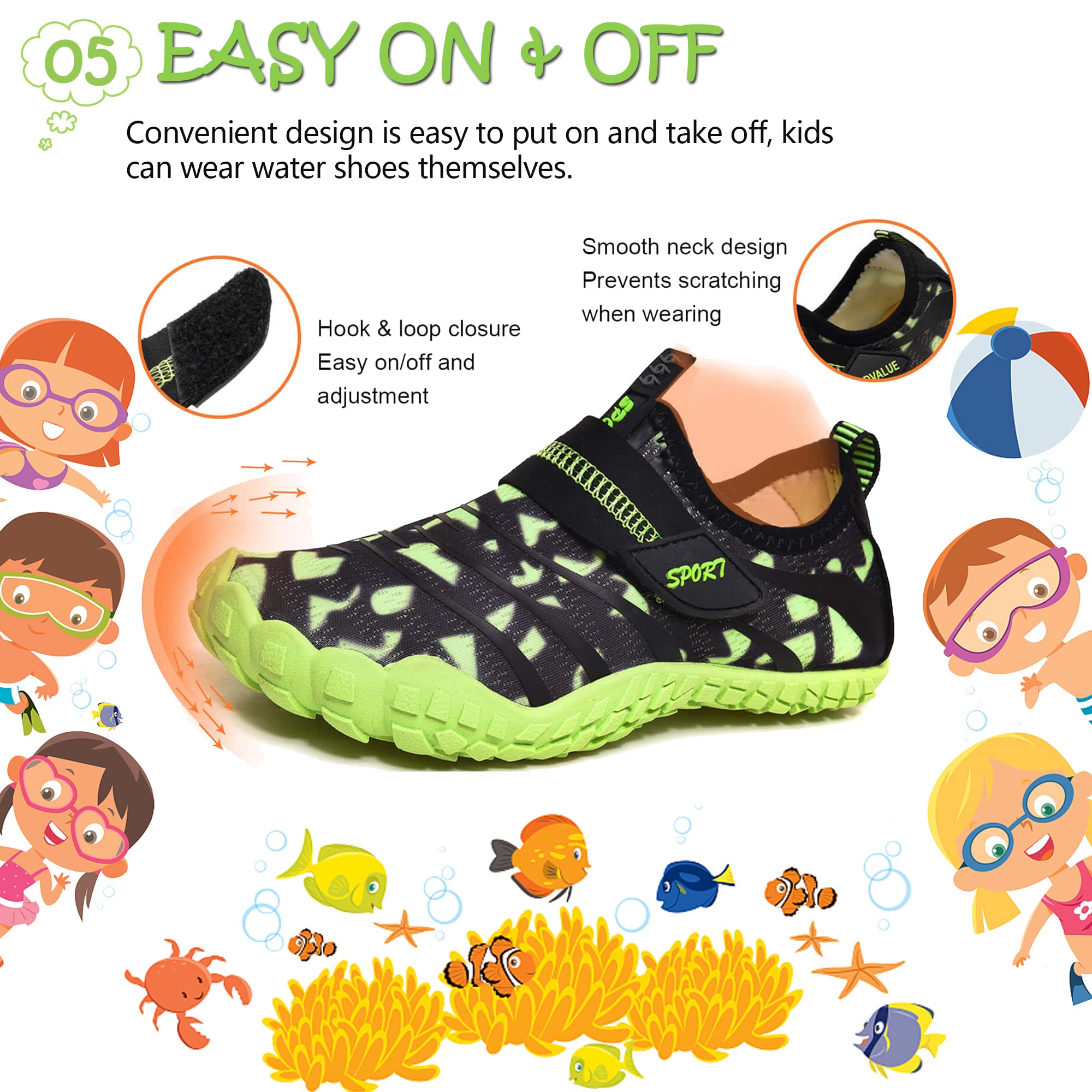 Wasserschuhe für Kinder, Jungen, Mädchen, Aqua, Pool, Schwimmen, Strand, Kinder, Barfuß, schnell trocknend, leicht, nass Surfen, Tauchen, schwarz/grün, 32 EU