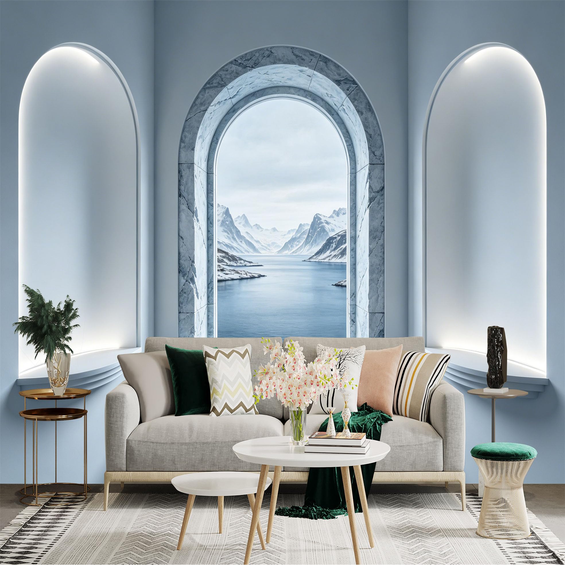 Custom Size Wall Sticker Mural， Scenic Arctic Fjord View Through Marble Arch Window， for wall Decoration， peelandstick wall Decals.