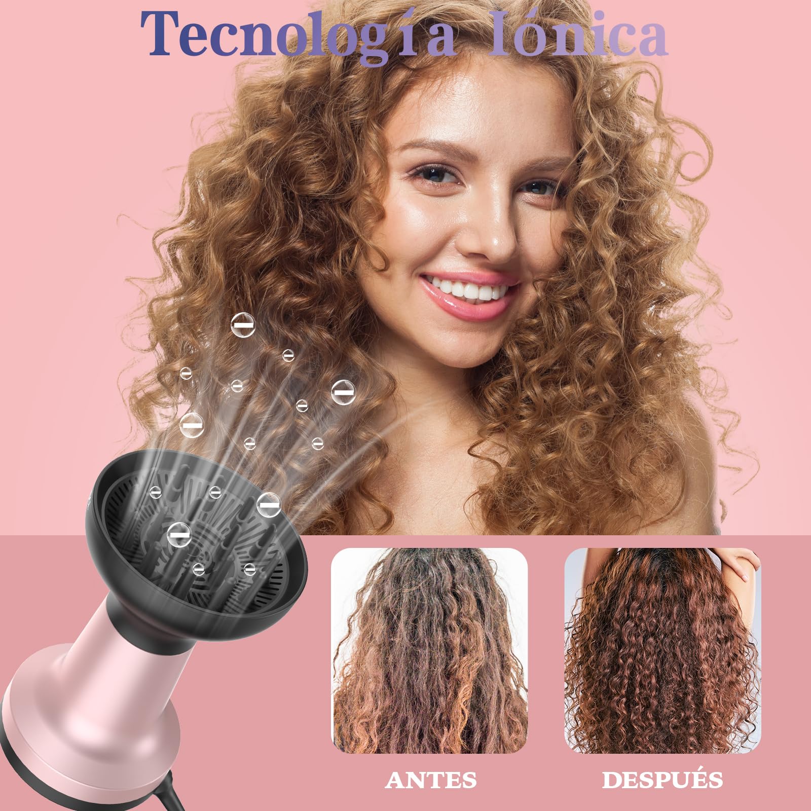 Difusor Pelo Rizado Profesional 2 en 1, 1700-2000W, 3 Temperaturas/2 Velocidades, Iones Negativos