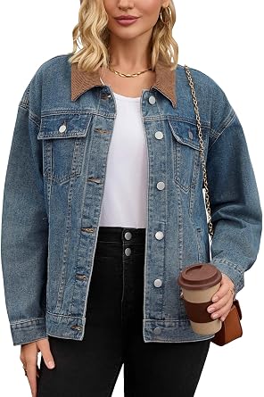 Womens Jean Jacket Button Down Corduroy Collar Long Sleeve Western Shacket Denim Jackets