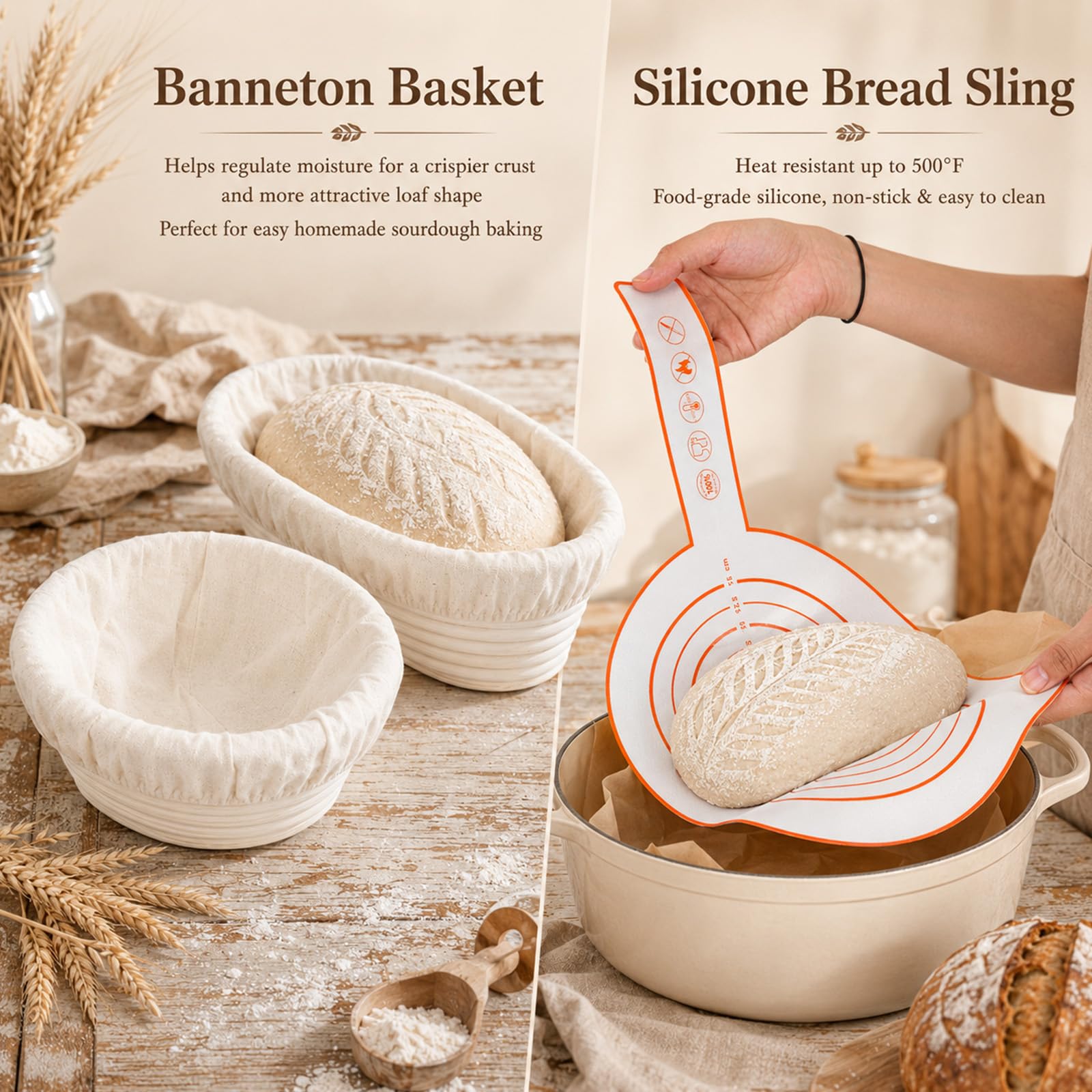 Lot de 16 paniers à fermentation ovales et ronds de 25,4 cm et 22,9 cm avec verre de démarrage, spatule, élingue à pain, moule à pain Banneton, accessoires de pâtisserie pour boulangers amateurs
