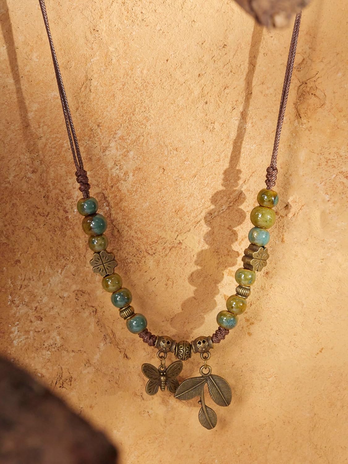 MINACHI Ceramic Beads Long Necklace, Turquoise-Toned Beads with Floral Charms, Butterfly and Leaves Pendant, Bohemian Vintage Chunky Costume Jewelry for Women - Image 5