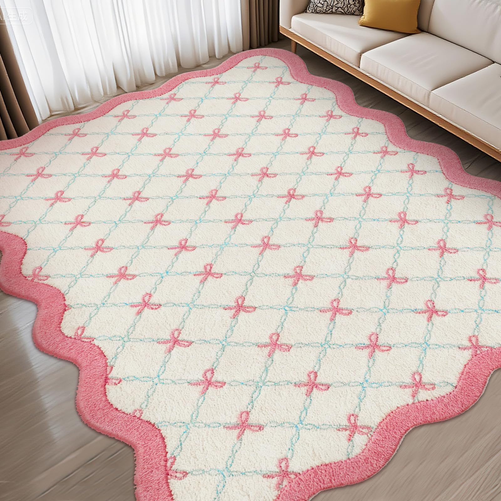 Drydiet Rug Boho Area Rugs 4'x6' Cute Sweet Scalloped Throw Rugs Aesthetic Soft Bedroom Carpet for Living Room Dining Playroom Nursery Family Indoor Dorm(Pink Bow)