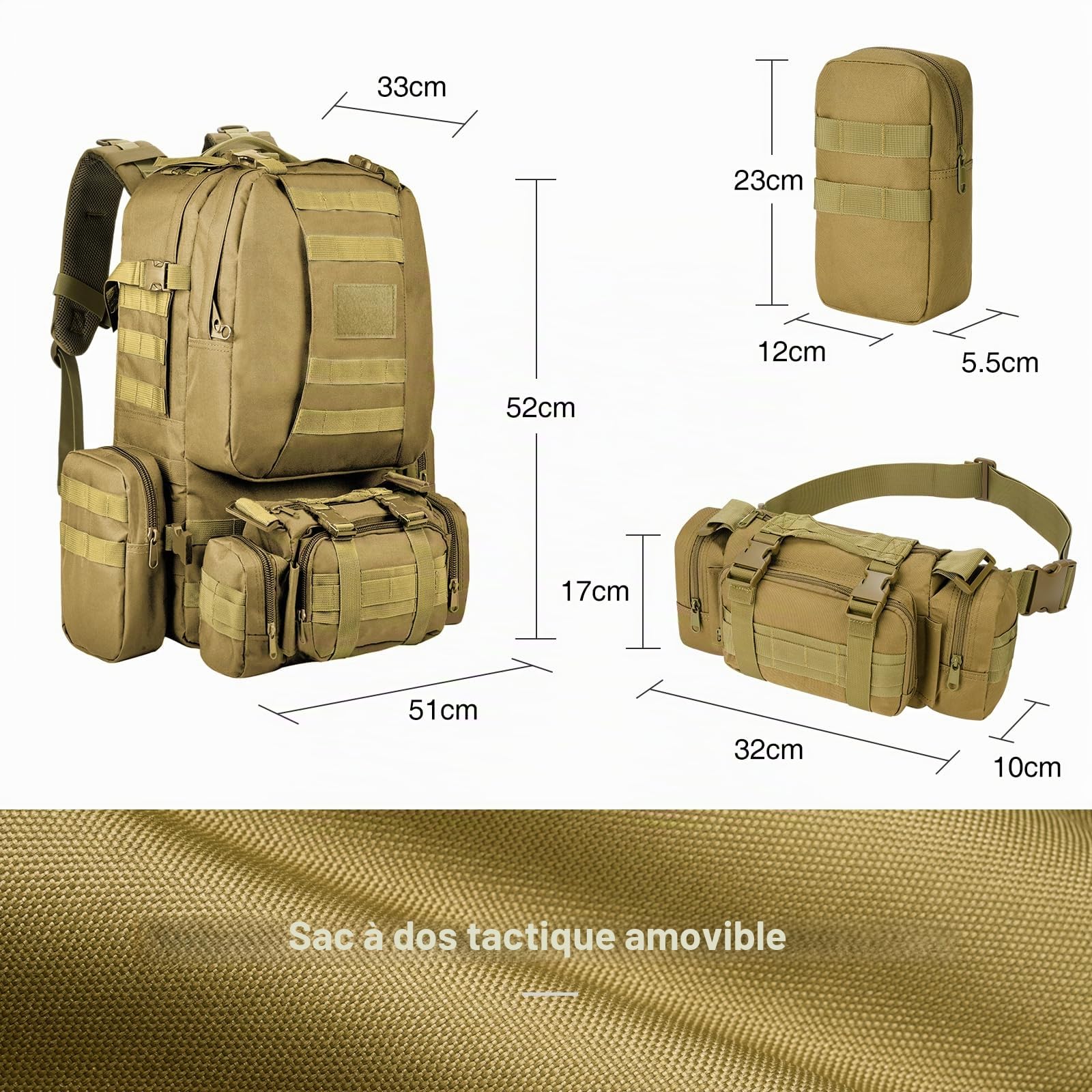 60L sac à dos tactique, grand sac à dos de survie militaire Molle 60L, hommes et femmes, sac d'extérieur détachable