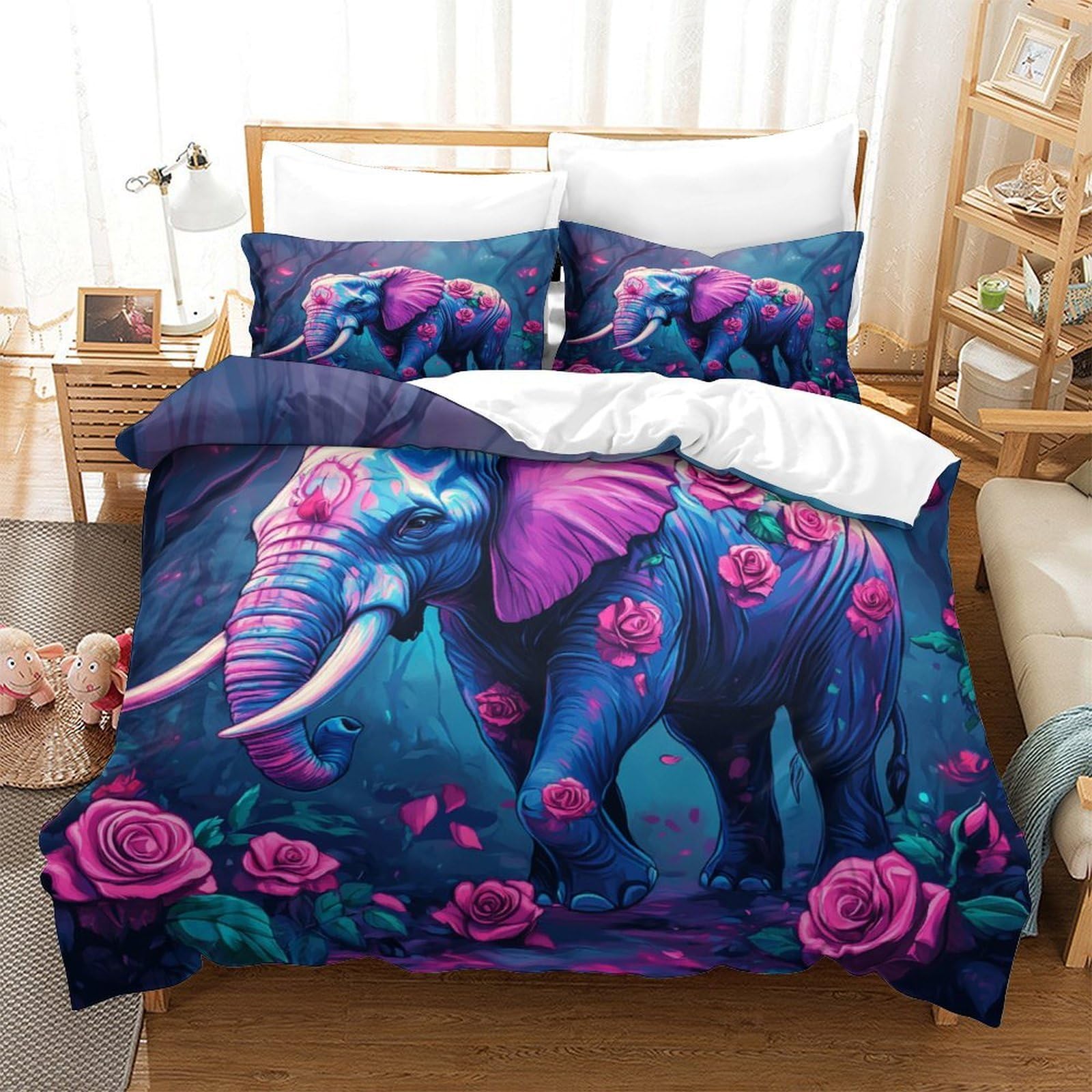 elefante di fantasia Impressione 3D 3 pz cover piumone arte fantasy colorata fodera per edredone microfibra ipoallergenica antiacari per bambini ragazzi uomini King（220x240cm）