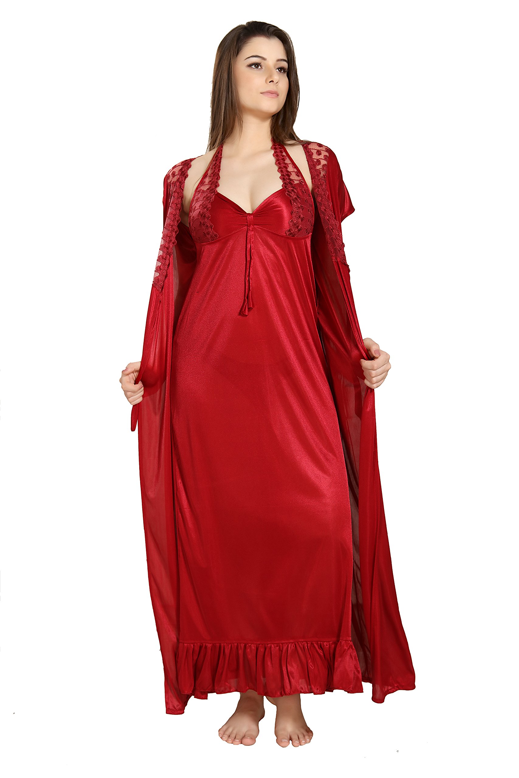 Women's Satin Solid Maxi Length Nighty with Robe (Size - Free Size) (Nightwear Set Pack of 2)